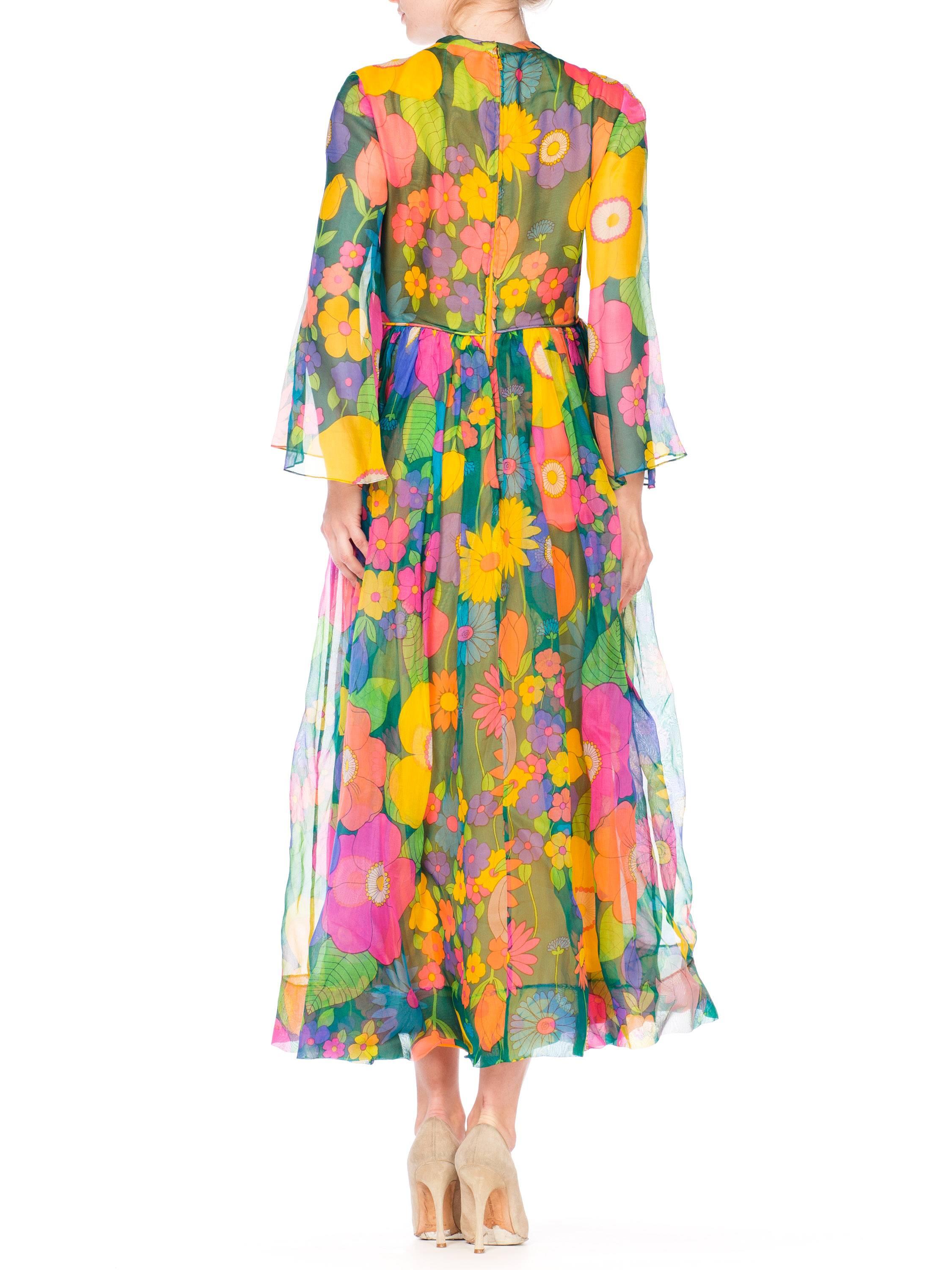 1960s 1970s Floral Print Dress with Bell Sleeves 5