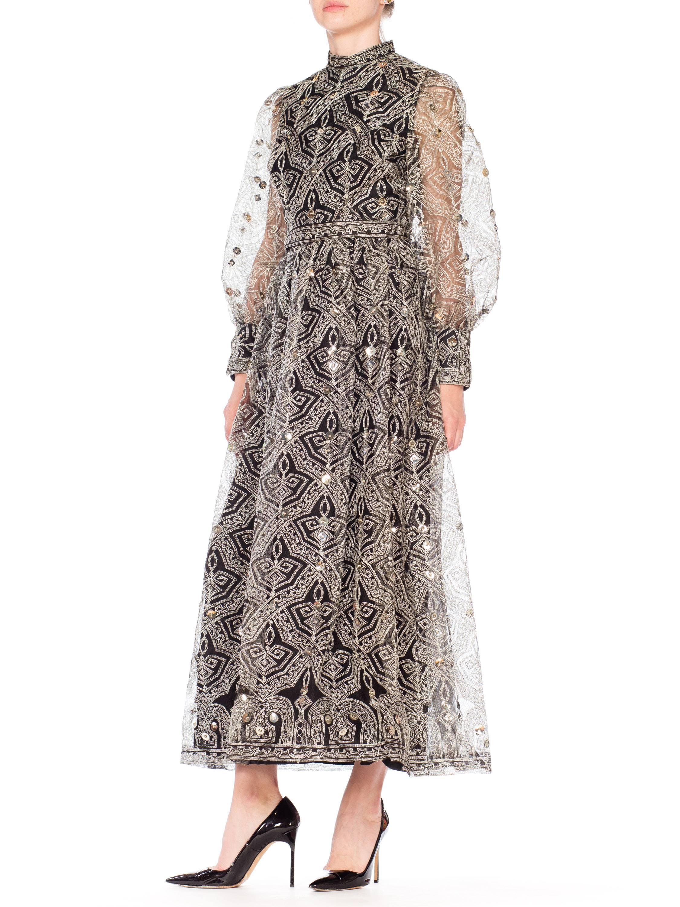 Mollie Parnis Metallic Lurex Embroidered Net with Studded Sequins,  1960s 1970s  In Excellent Condition In New York, NY