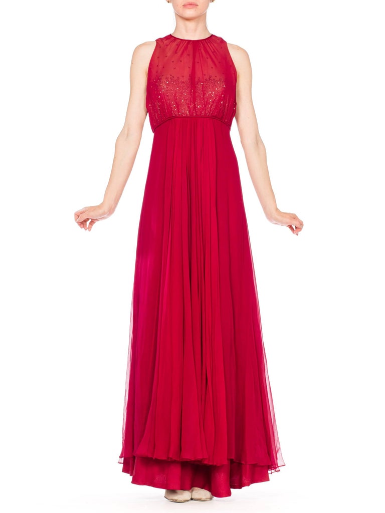 1970S ALFRED BOSAND Cranberry Red Beaded Silk Chiffon Demi Empire Waist Gown Wi For Sale 4