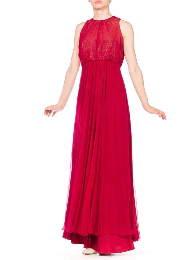 1970S ALFRED BOSAND Cranberry Red Beaded Silk Chiffon Demi Empire Waist Gown Wi For Sale 5