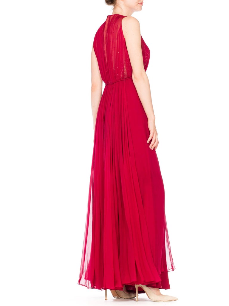1970S ALFRED BOSAND Cranberry Red Beaded Silk Chiffon Demi Empire Waist Gown Wi For Sale 7
