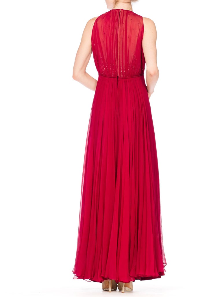 1970S ALFRED BOSAND Cranberry Red Beaded Silk Chiffon Demi Empire Waist Gown Wi For Sale 8