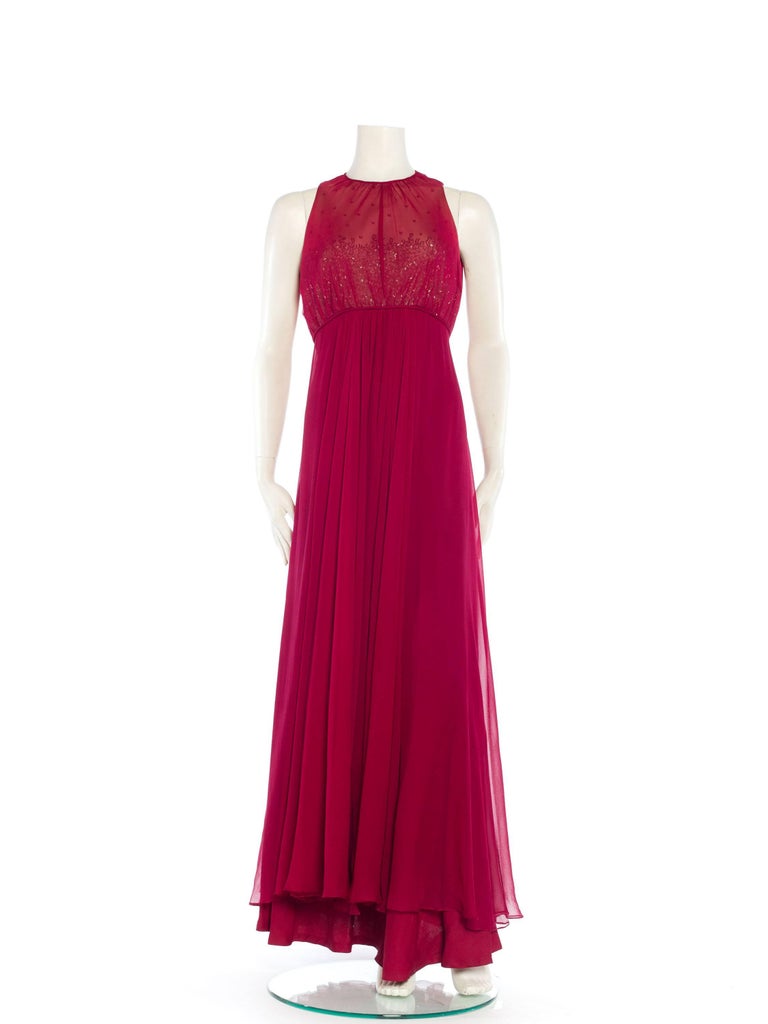 1970S ALFRED BOSAND Cranberry Red Beaded Silk Chiffon Demi Empire Waist Gown Wi For Sale 11