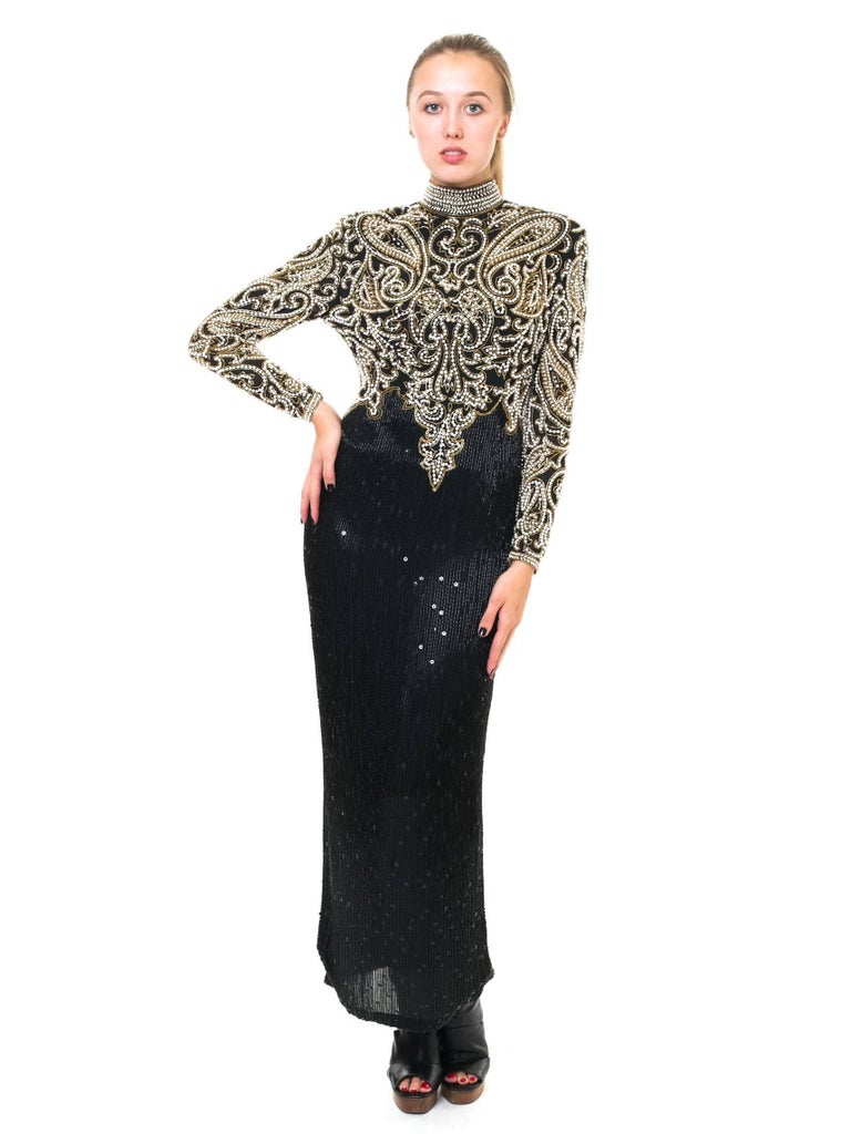 Women's 1980S NAEEM KHAN Black & Gold Beaded Silk Cut Out Back Long Sleeve Gown