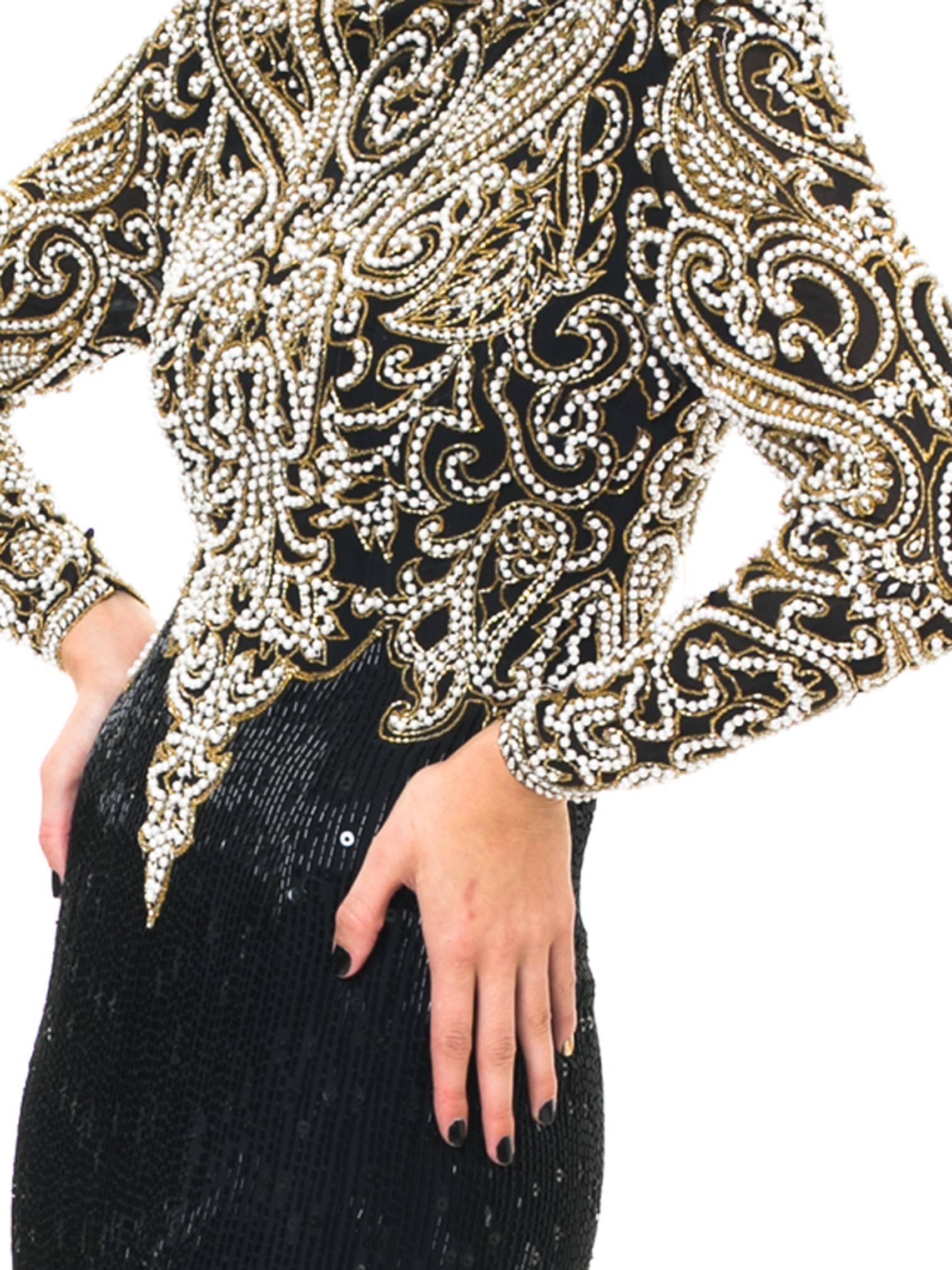 1980S NAEEM KHAN Black & Gold Beaded Silk Cut Out Back Long Sleeve Gown In Excellent Condition For Sale In New York, NY
