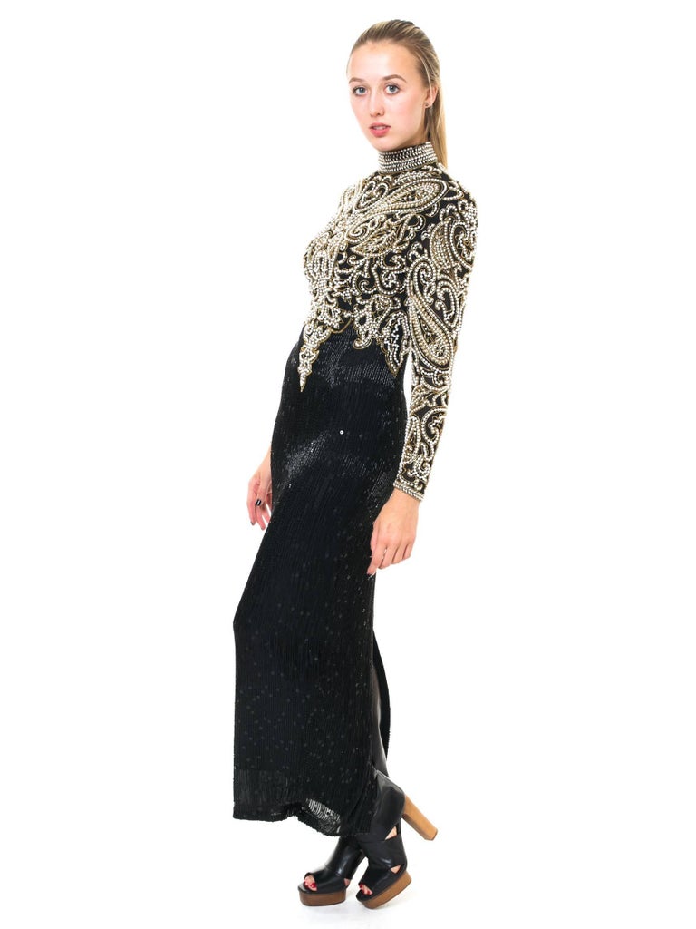 1980S NAEEM KHAN Black & Gold Beaded Silk Cut Out Back Long Sleeve Gown 2