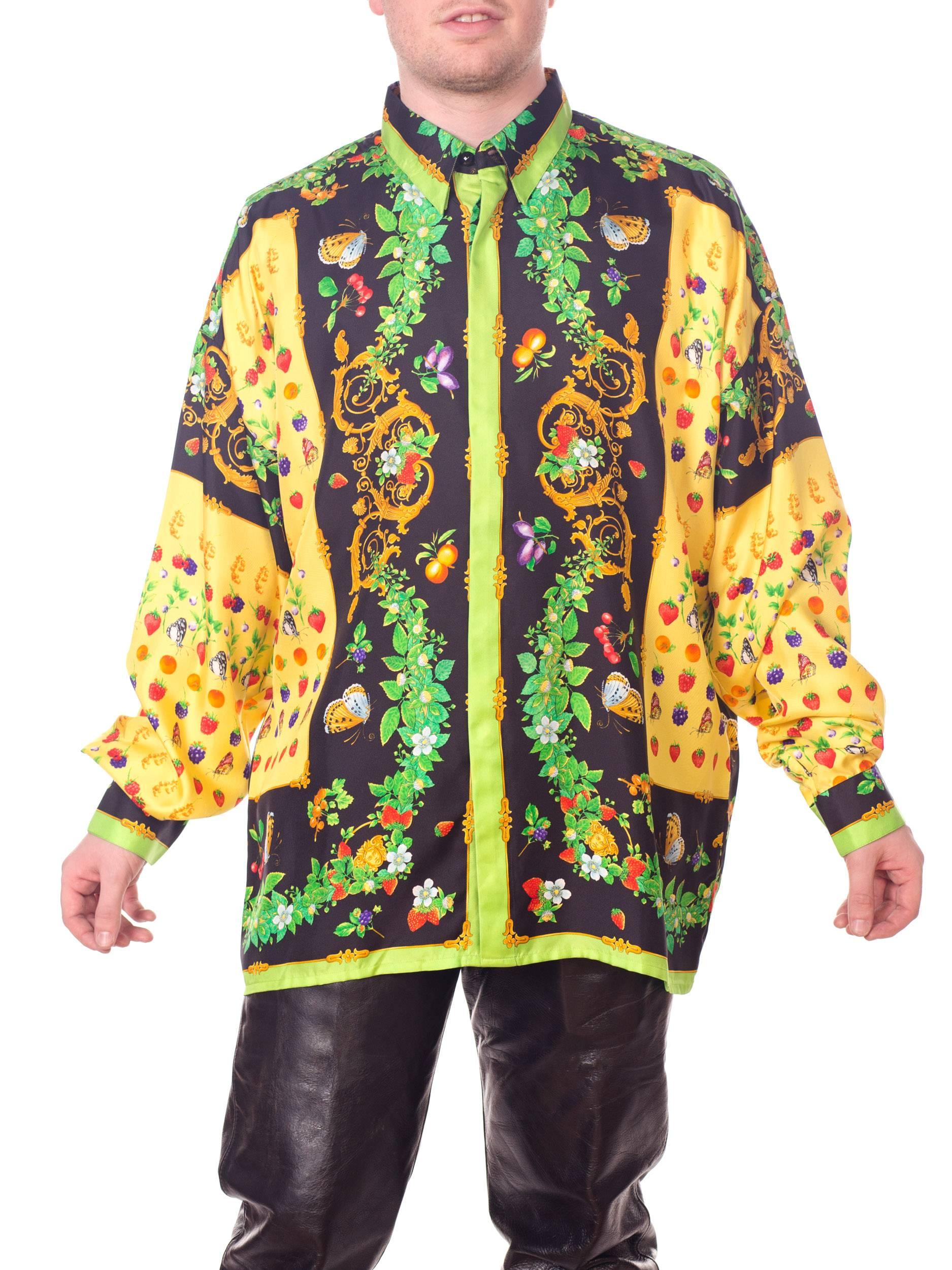 Men's 1990s Gianni Versace Garden Beatles and Fruit Baroque Silk Shirt