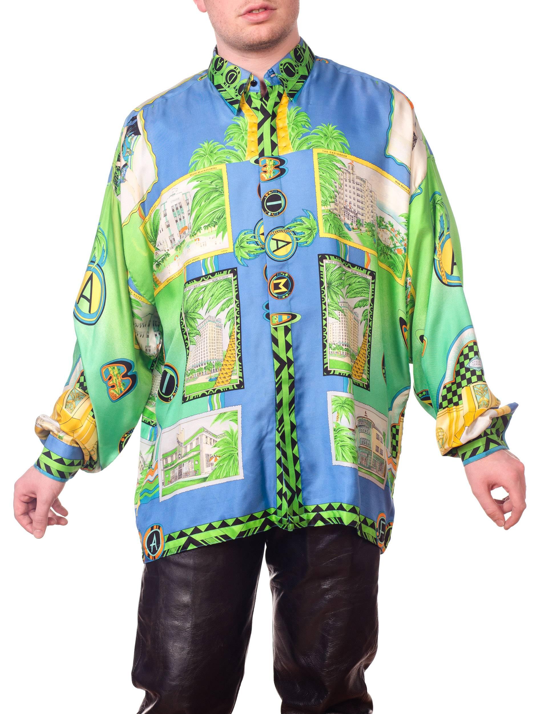 1990s Gianni Versace Miami South Beach Collection Postcard Print Silk Shirt In Excellent Condition In New York, NY