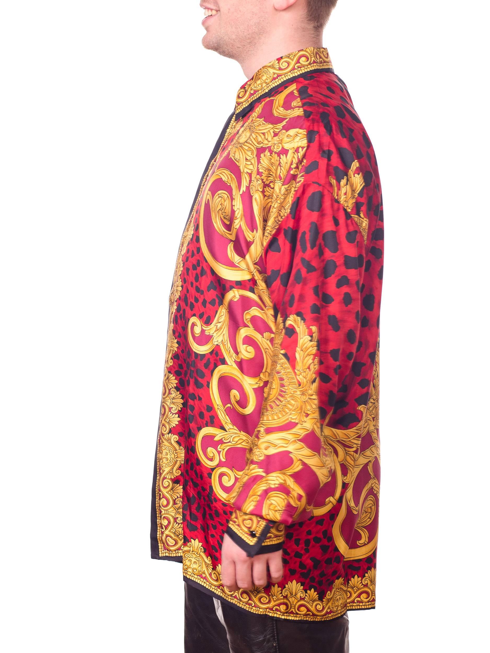 Gianni Versace early 1990s Mens Red Baroque Leopard Print Silk Shirt In Excellent Condition In New York, NY