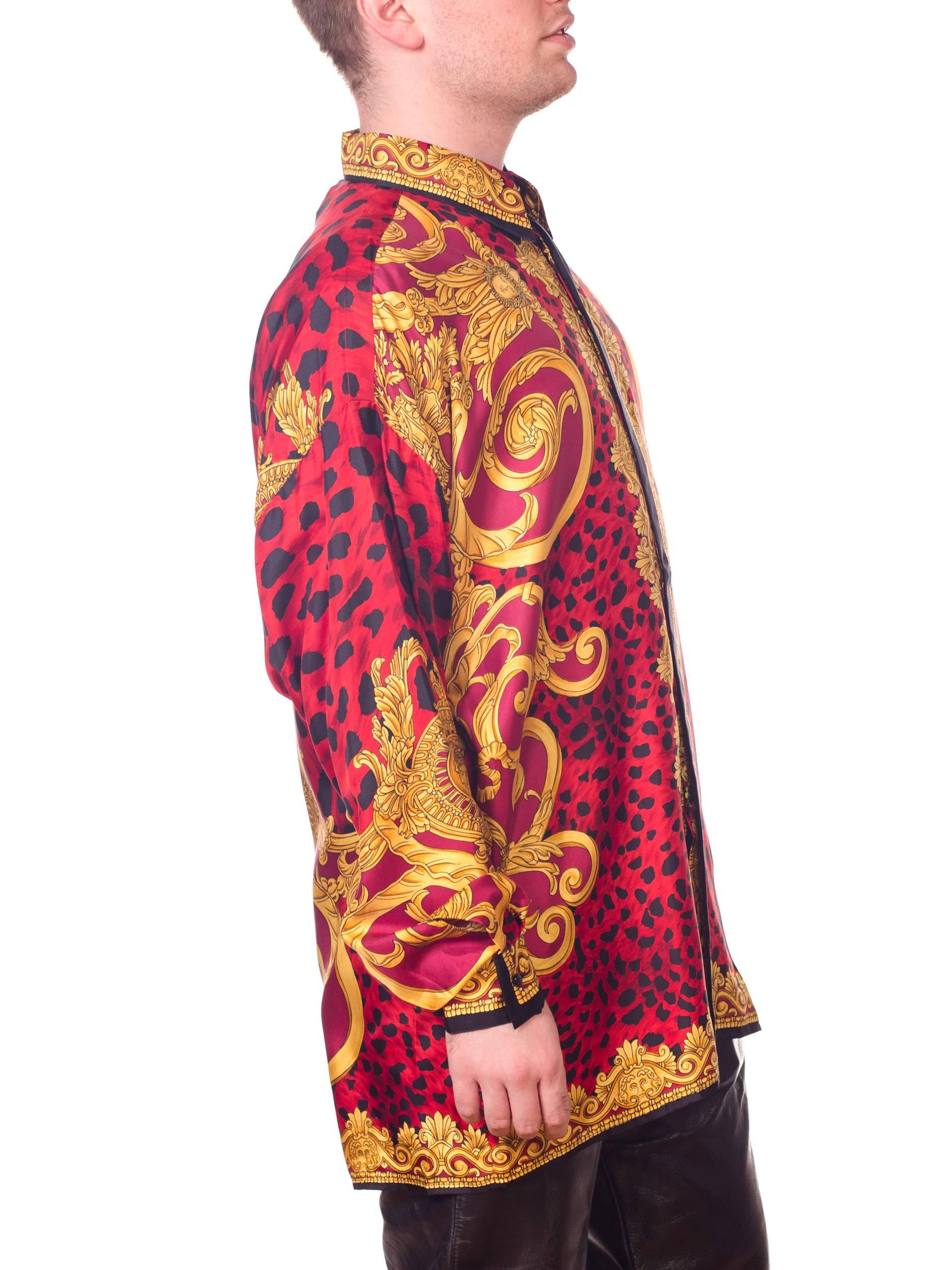 Men's Gianni Versace early 1990s Mens Red Baroque Leopard Print Silk Shirt