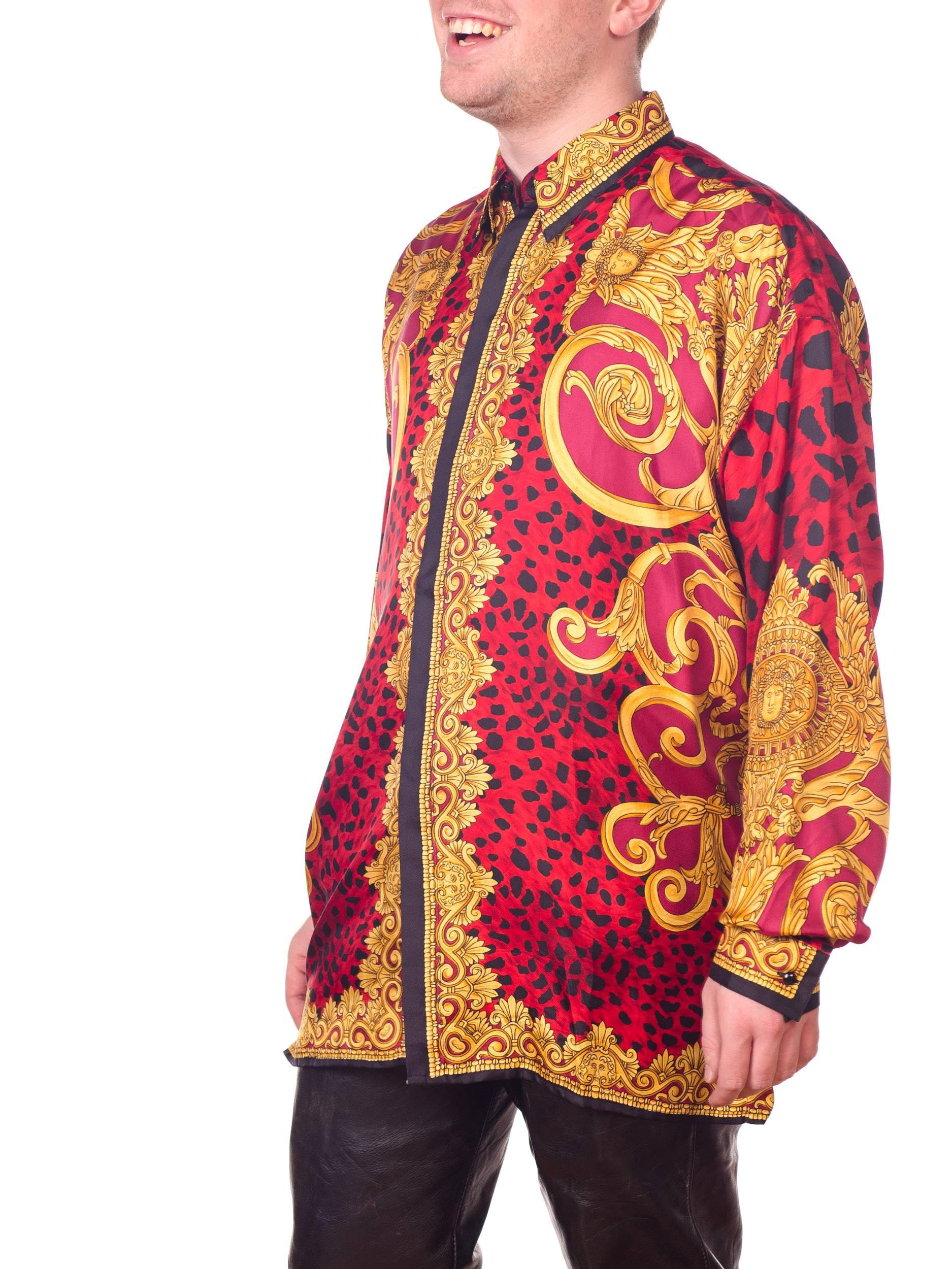 Gianni Versace early 1990s Mens Red Baroque Leopard Print Silk Shirt 1