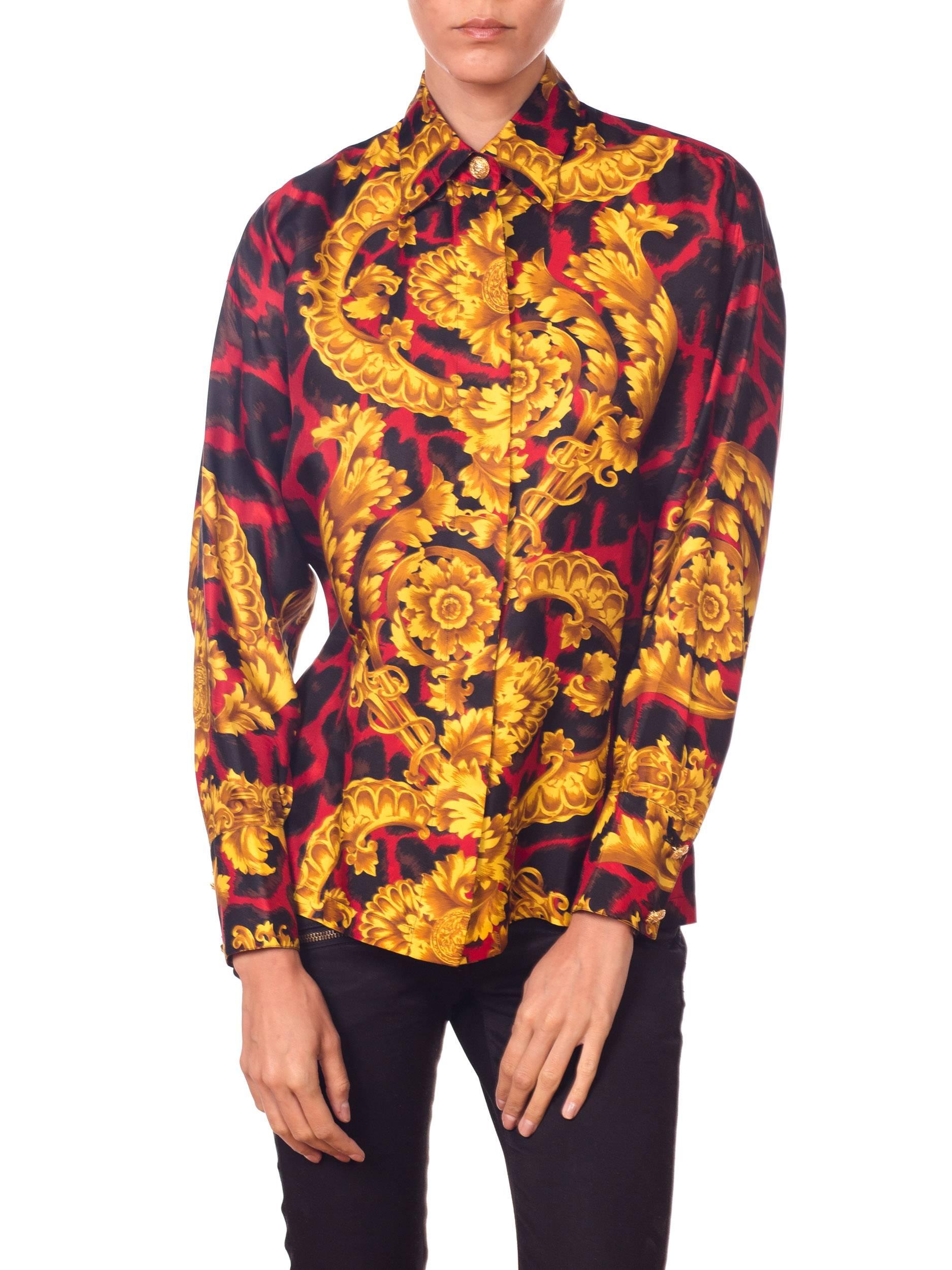 1990S GIANNI VERSACE Red Leopard Baroque Silk Shirt In Excellent Condition In New York, NY