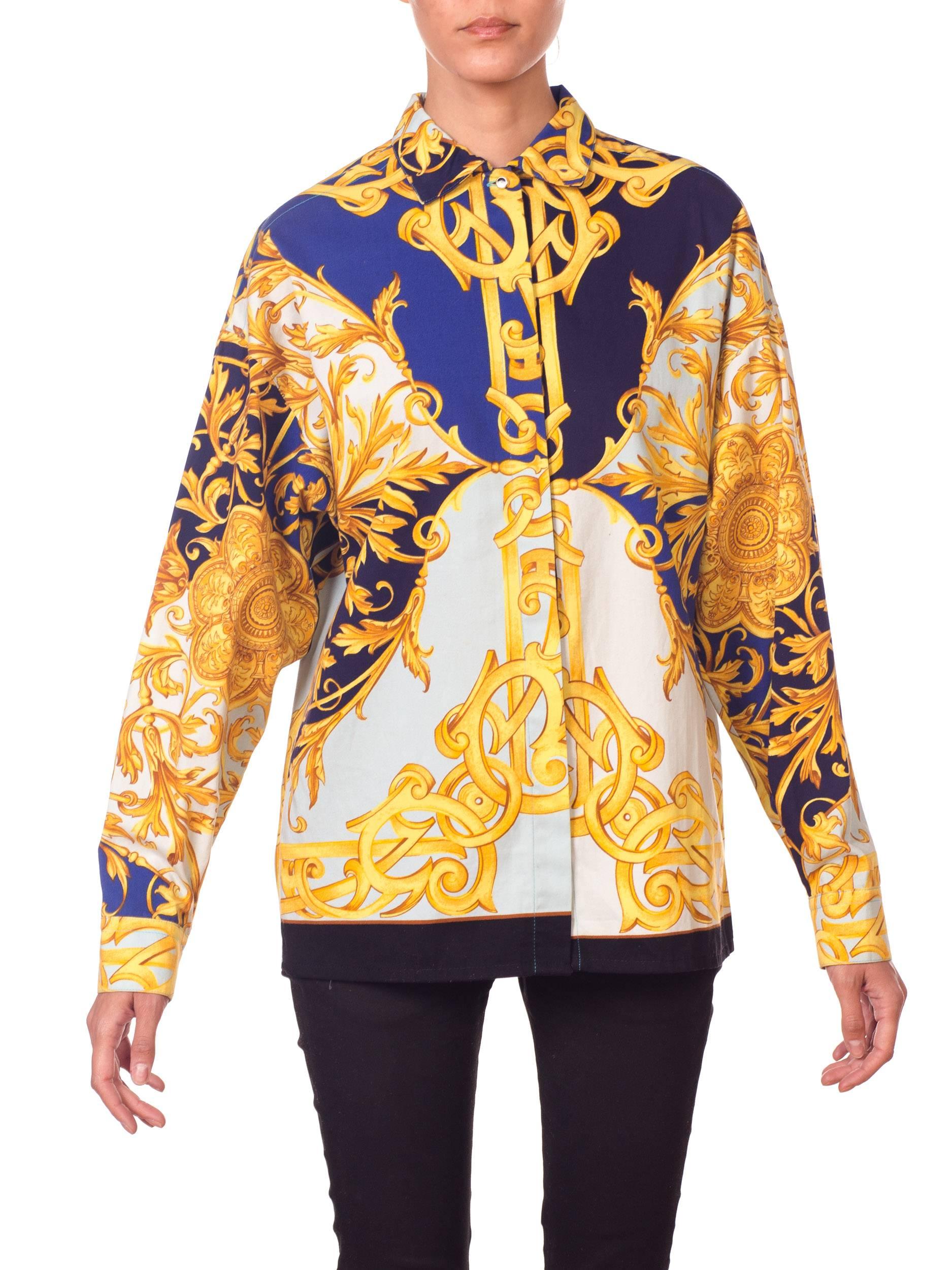 1990s Versus by Versace Cotton Sateen Gold Baroque Shirt 1