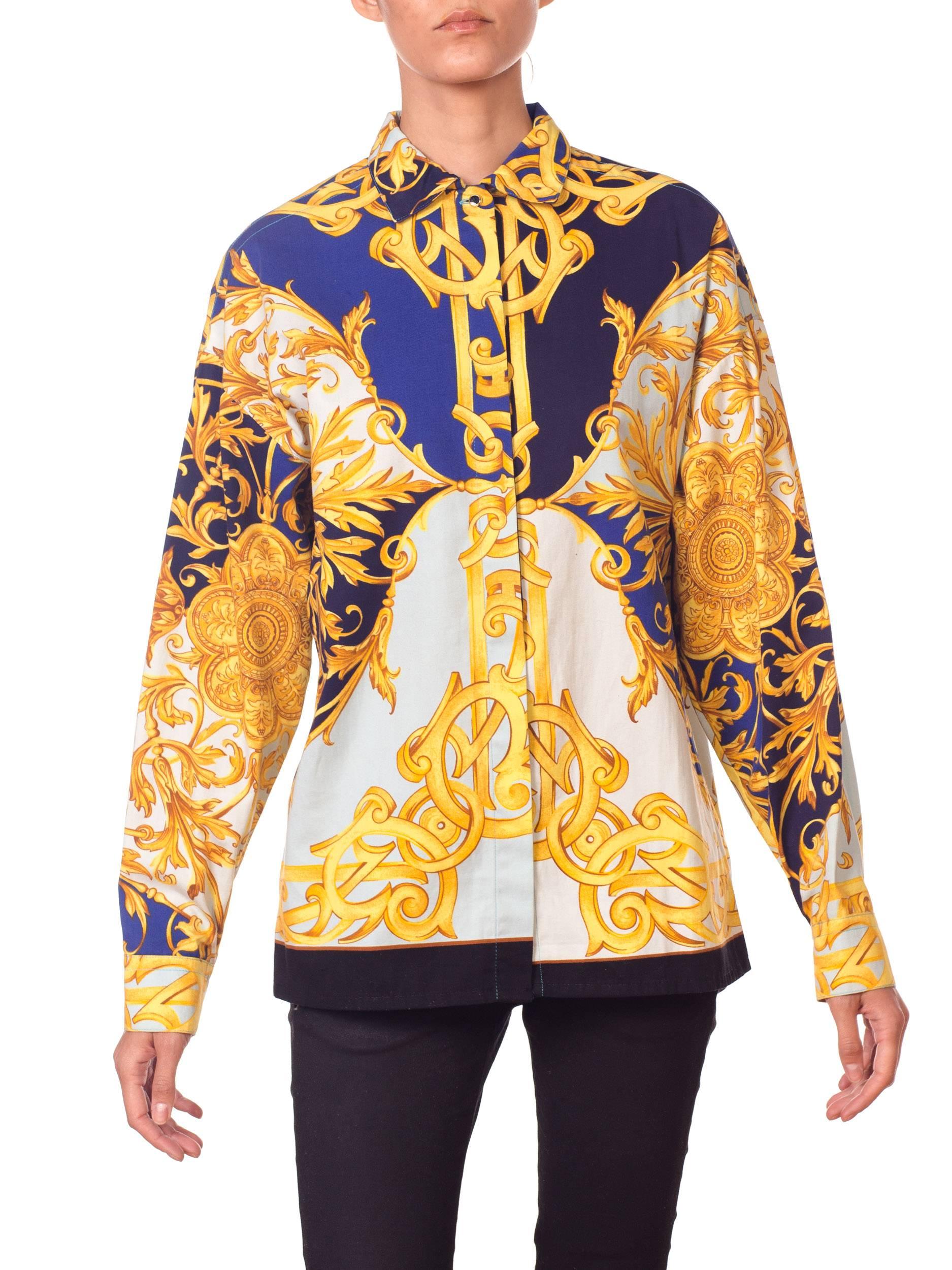1990s Versus by Versace Cotton Sateen Gold Baroque Shirt 5