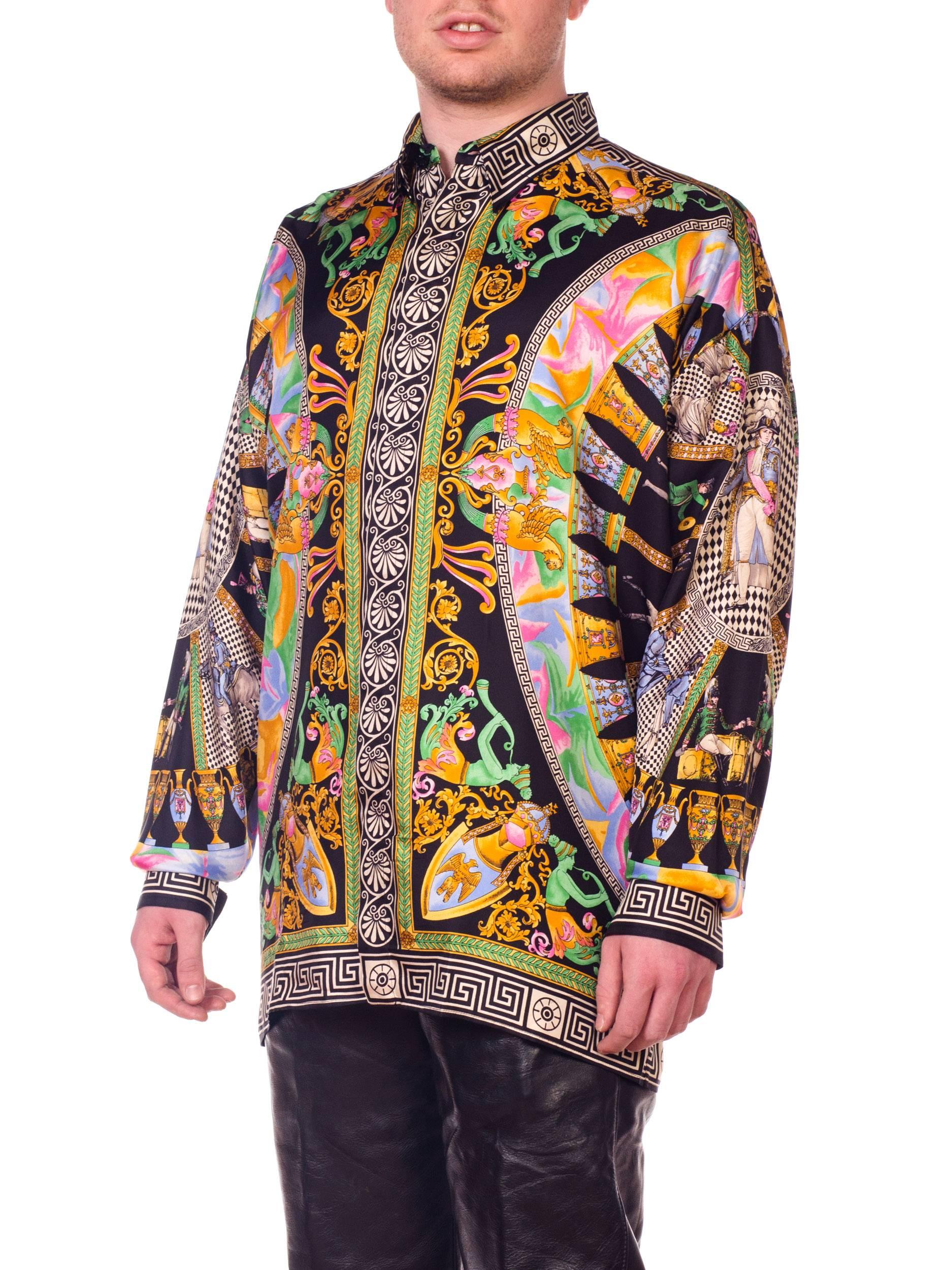 1990s Gianni Versace Neoclassical Greek Key Napoleonic Dandy Print Silk Shirt 1