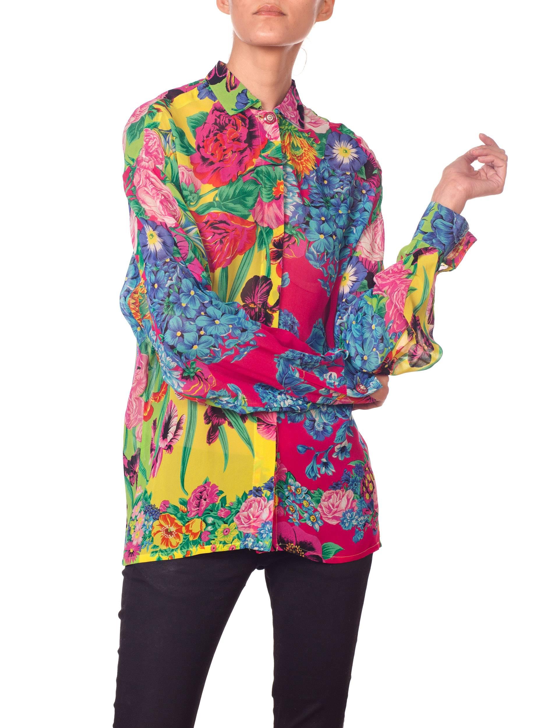 1990s Gianni Versace Versus Sheer Floral Chiffon Shirt In Excellent Condition In New York, NY