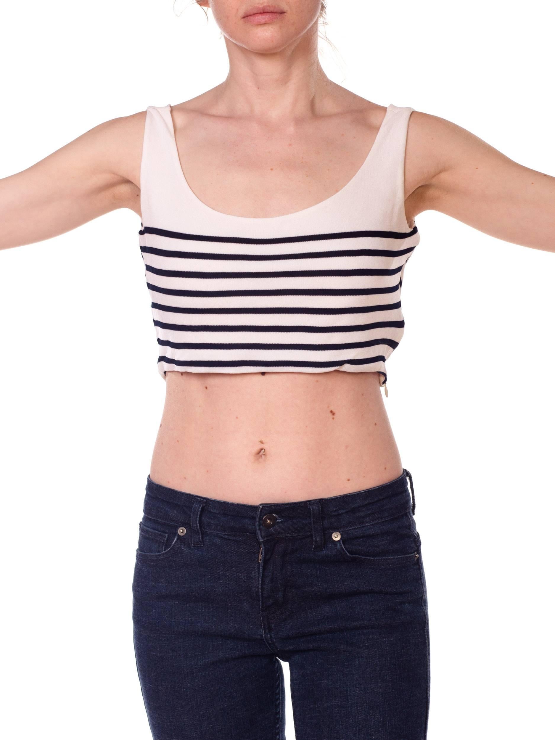 1990S Blue & White Rayon Jersey Sailor Stripe Crop Top With Cowl Back In Excellent Condition In New York, NY