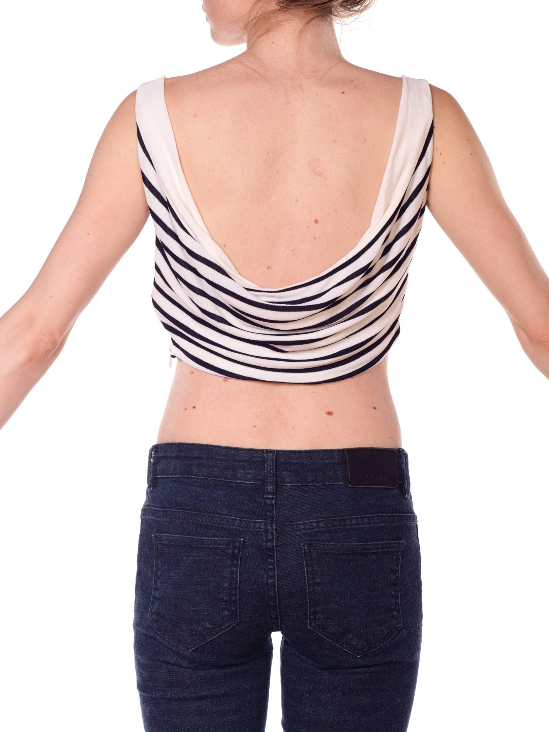 Women's 1990S Blue & White Rayon Jersey Sailor Stripe Crop Top With Cowl Back