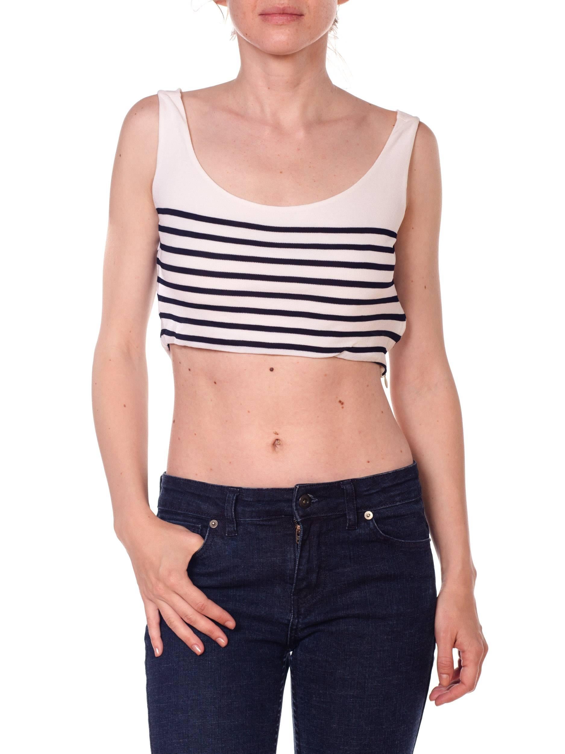 1990S Blue & White Rayon Jersey Sailor Stripe Crop Top With Cowl Back 1