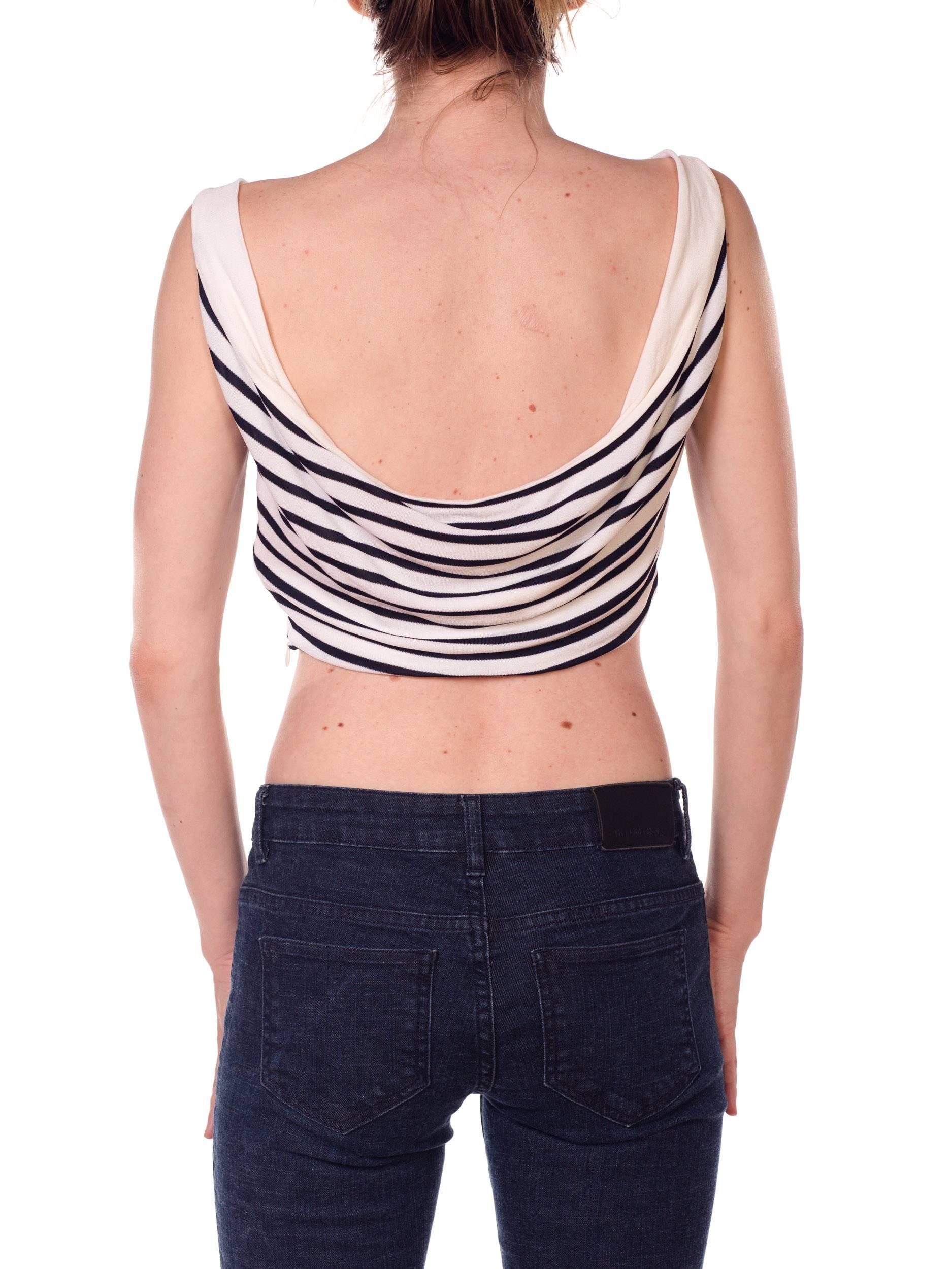 1990S Blue & White Rayon Jersey Sailor Stripe Crop Top With Cowl Back 3