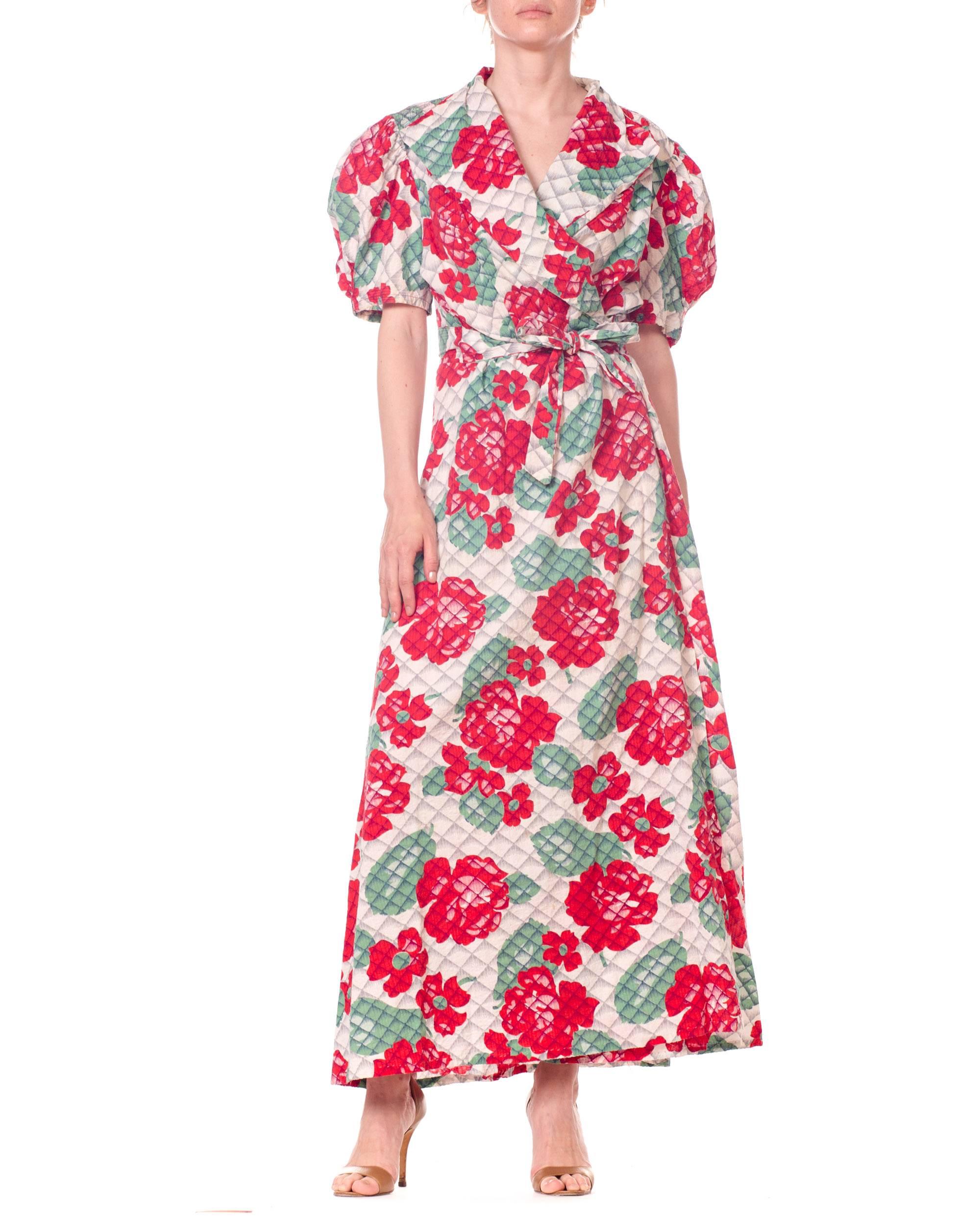 Brown 1930s 1940s Cotton Floral Quilted Wrap Dress