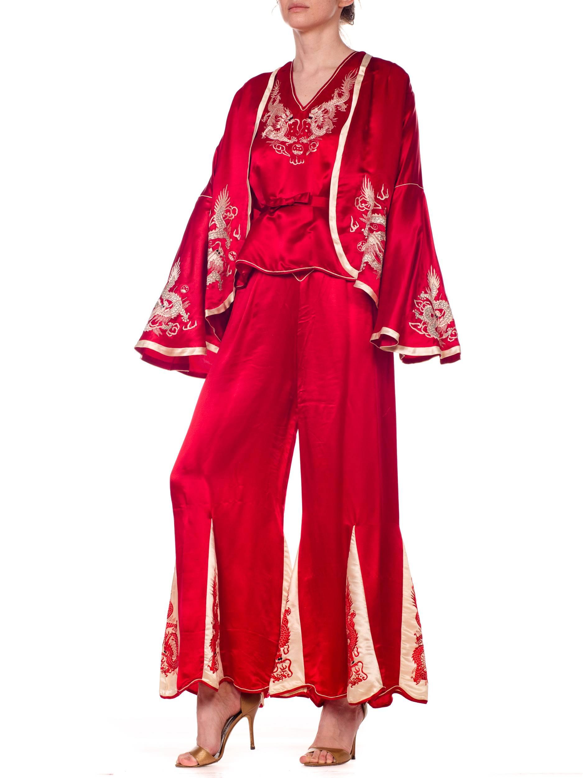 1920s Asian Red Silk Dragon Embroidered Beach Pajamas Set Top, Pants And Jacket 2