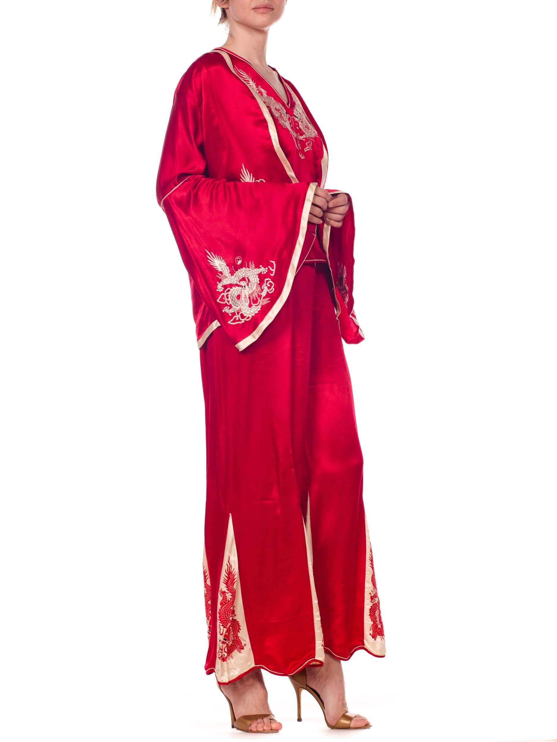 1920s Asian Red Silk Dragon Embroidered Beach Pajamas Set Top, Pants And Jacket 4