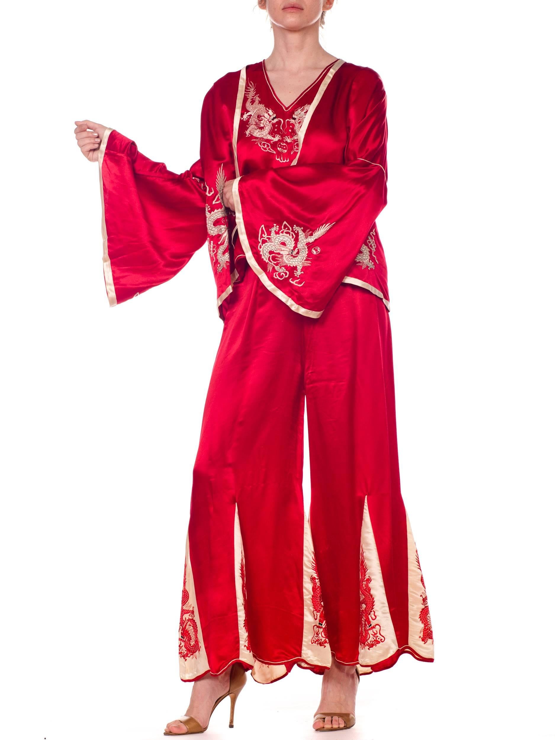 Women's 1920s Asian Red Silk Dragon Embroidered Beach Pajamas Set Top, Pants And Jacket