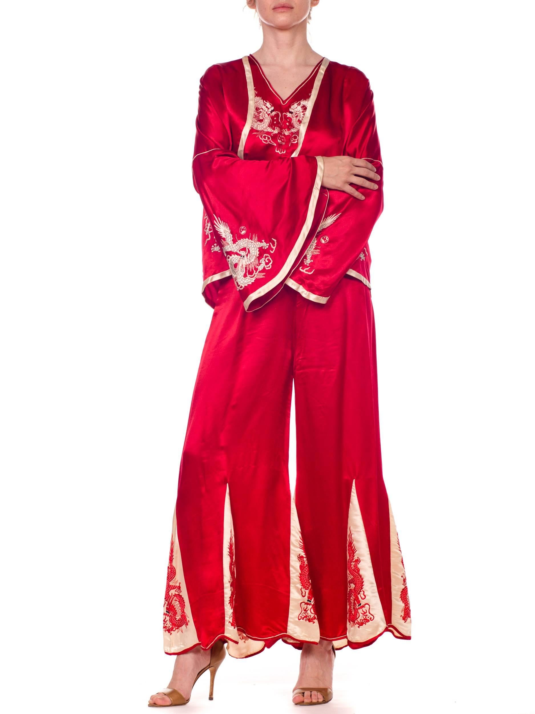 1920s Asian Red Silk Dragon Embroidered Beach Pajamas Set Top, Pants And Jacket 1