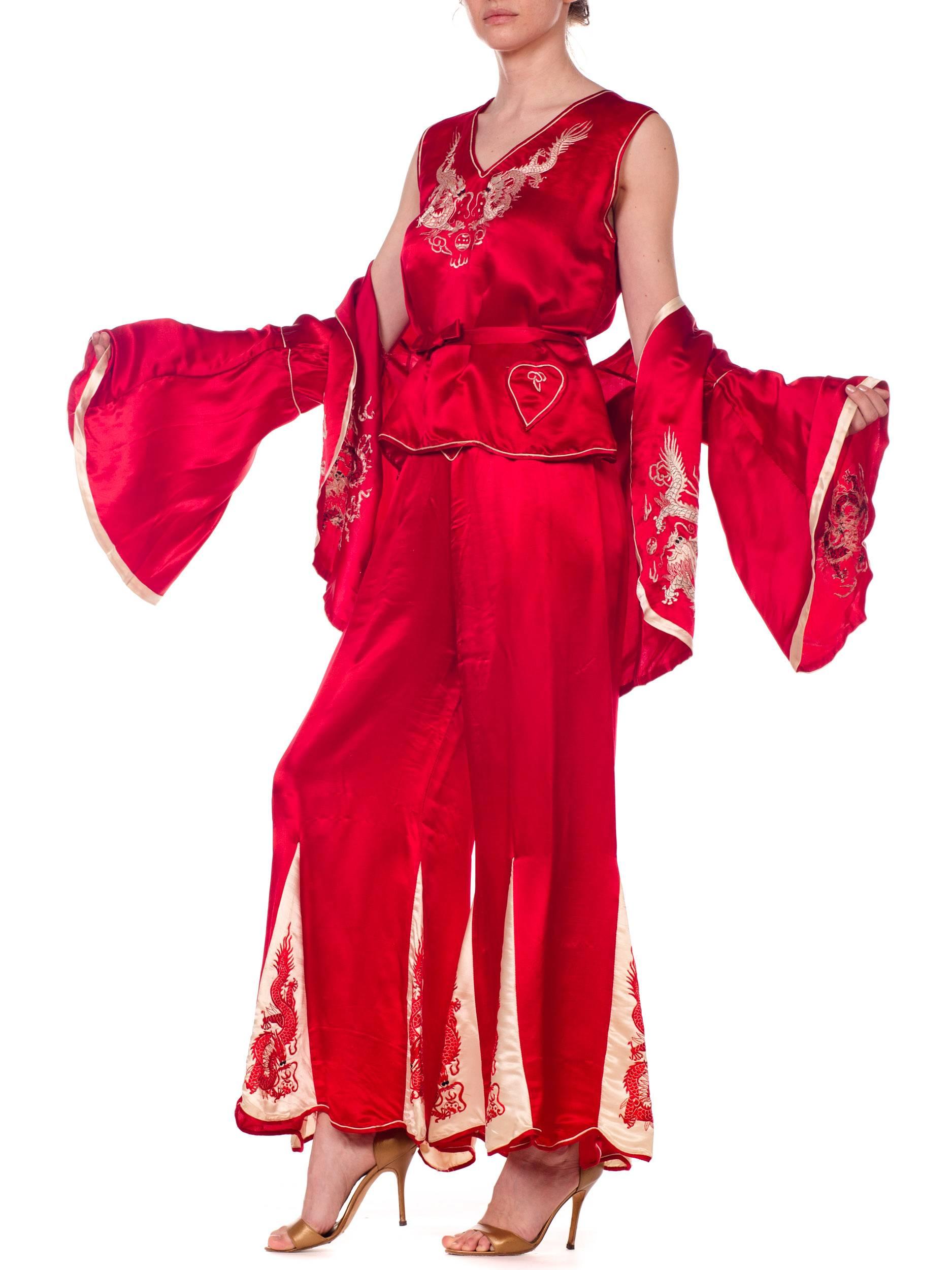 1920s Asian Red Silk Dragon Embroidered Beach Pajamas Set Top, Pants And Jacket 3