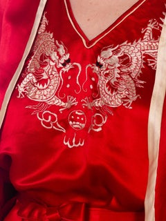 1920s Asian Red Silk Dragon Embroidered Beach Pajamas Set Top, Pants And Jacket