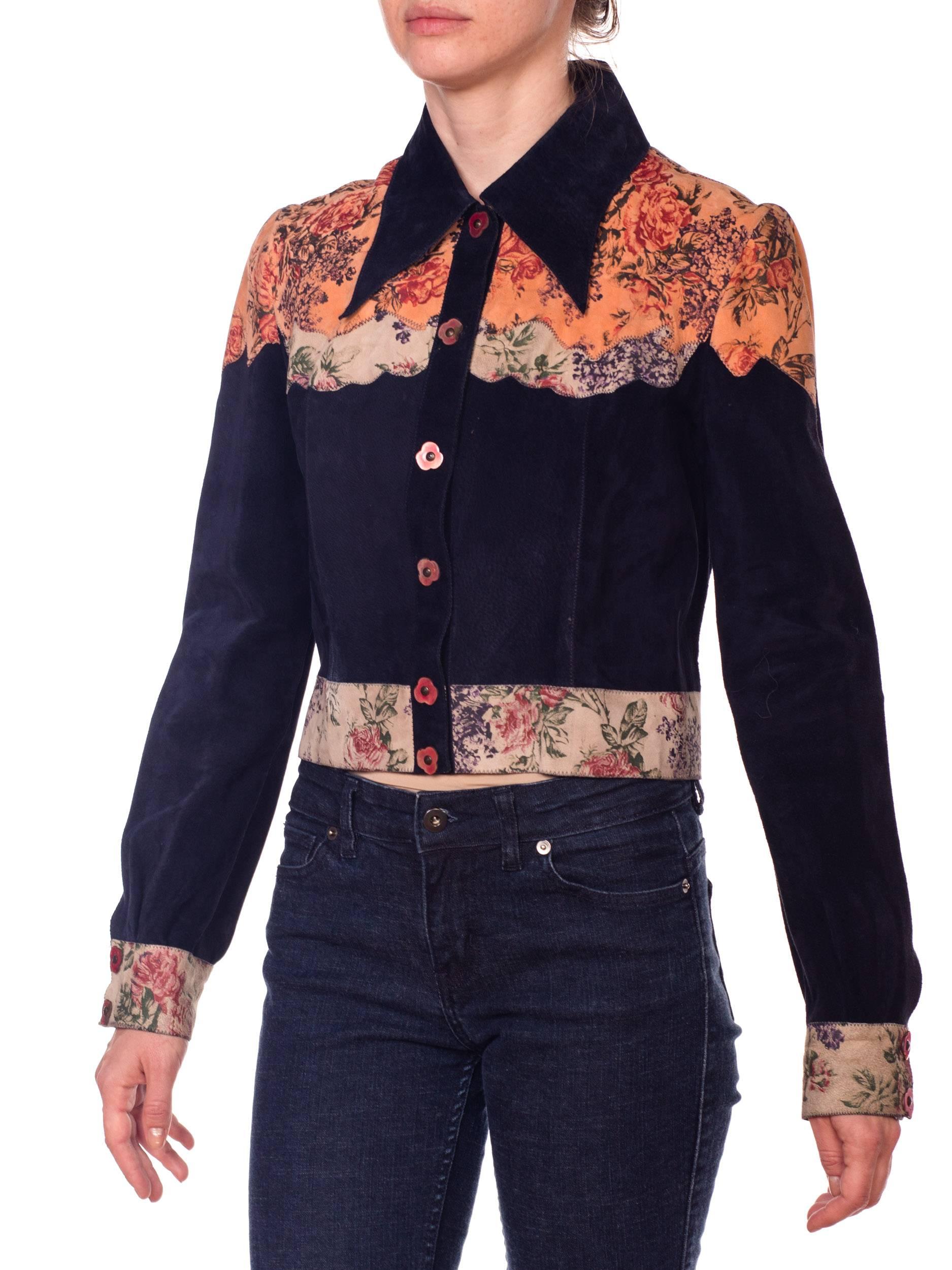 Women's 1970s Roberto Cavali Floral Printed Navy Suede Shirt Jacket