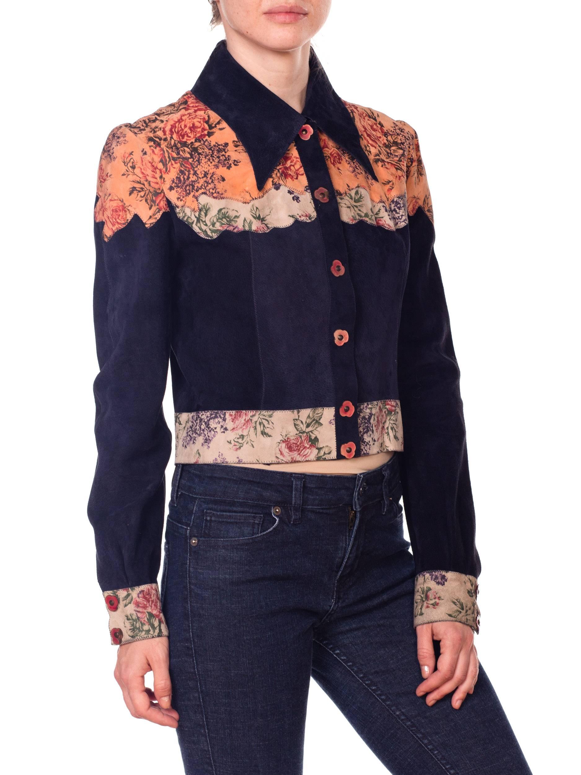 1970s Roberto Cavali Floral Printed Navy Suede Shirt Jacket 1