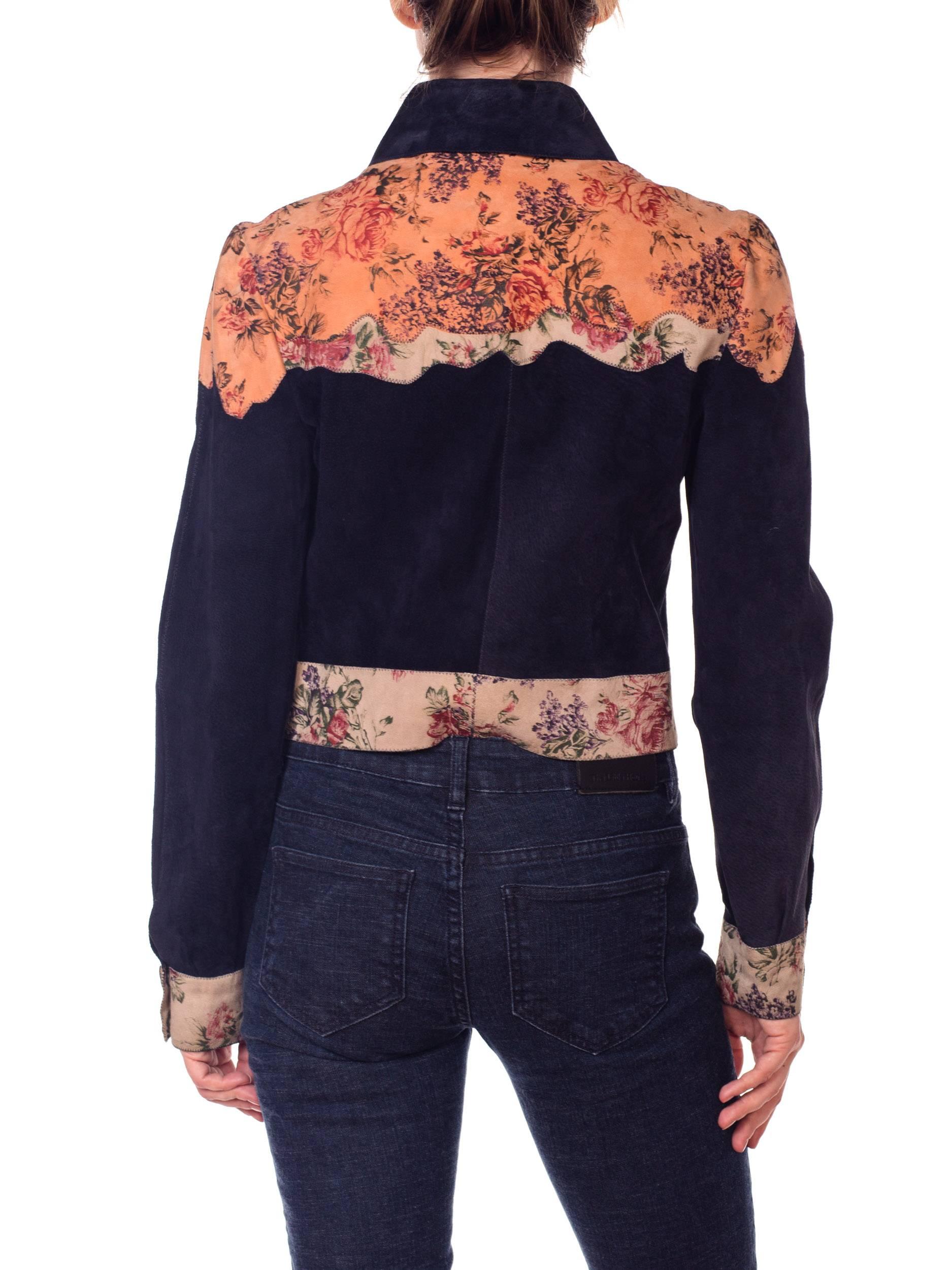 1970s Roberto Cavali Floral Printed Navy Suede Shirt Jacket 3