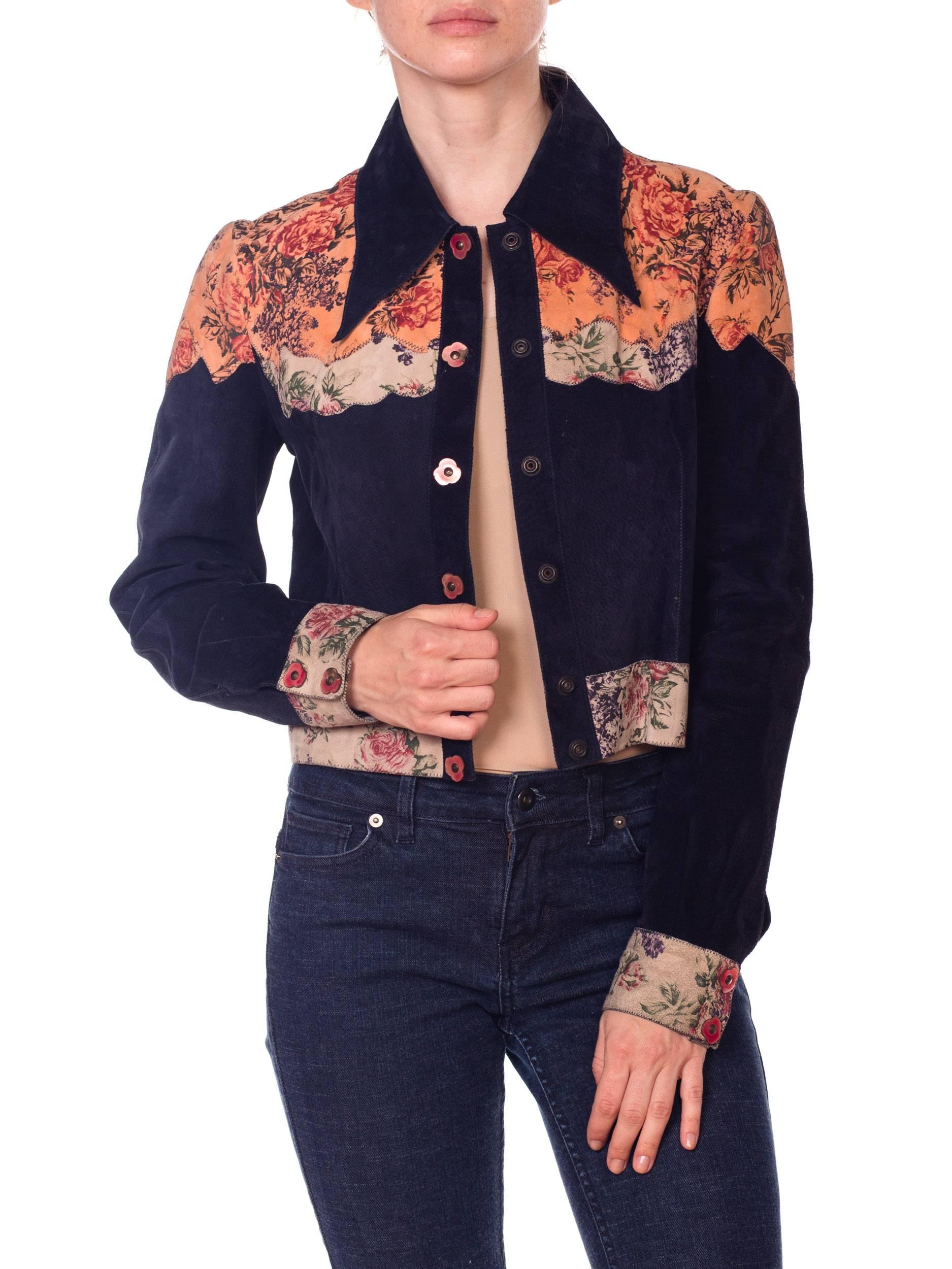1970s Roberto Cavali Floral Printed Navy Suede Shirt Jacket 5