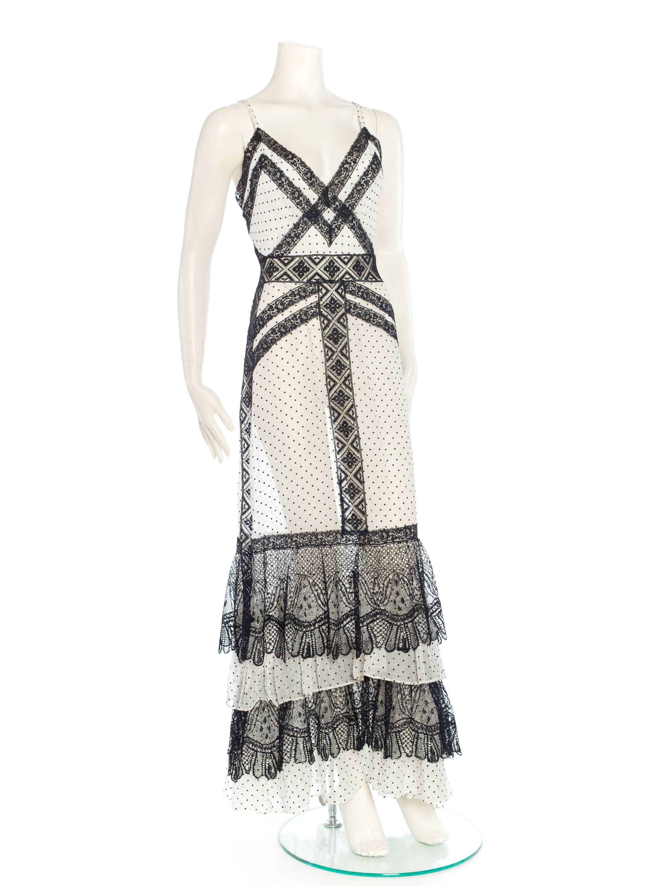 Gray Morphew 1930s White cotton Organdy Dress with Victorian Black Lace Trim
