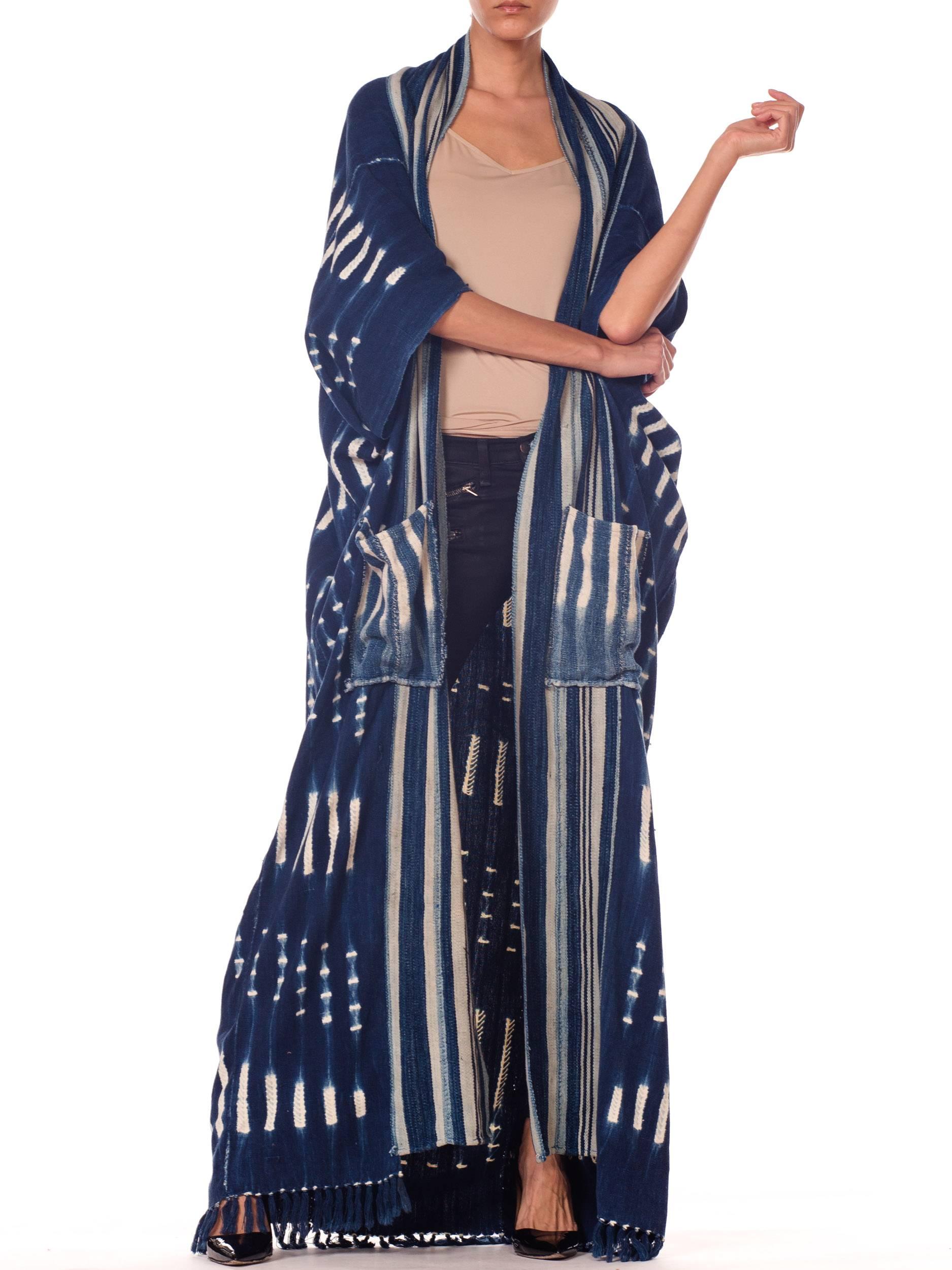 Morphew Collection African Handwoven Tie-dye Indigo Robe with Striped Collar 5