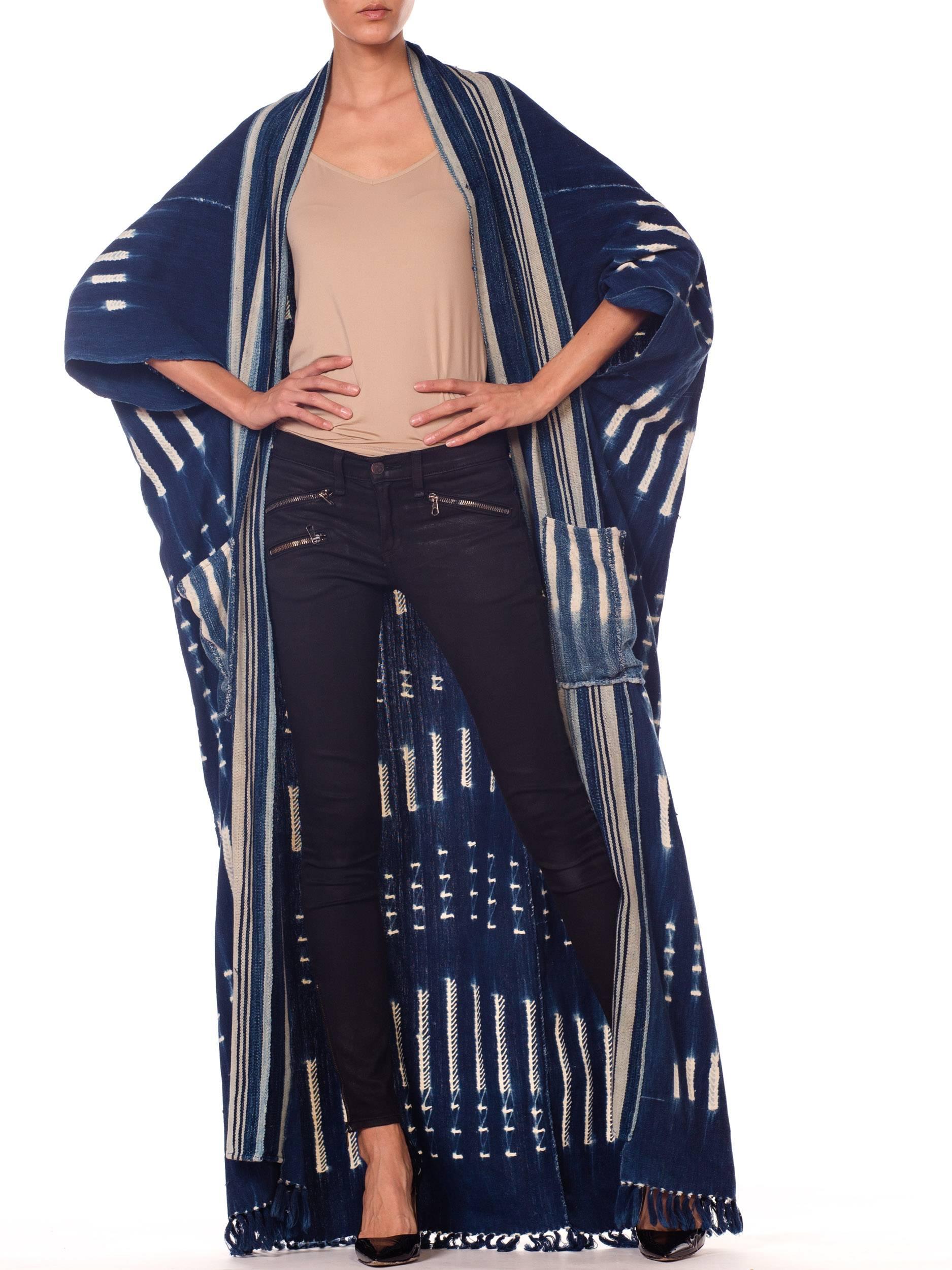 Morphew Collection African Handwoven Tie-dye Indigo Robe with Striped Collar 6