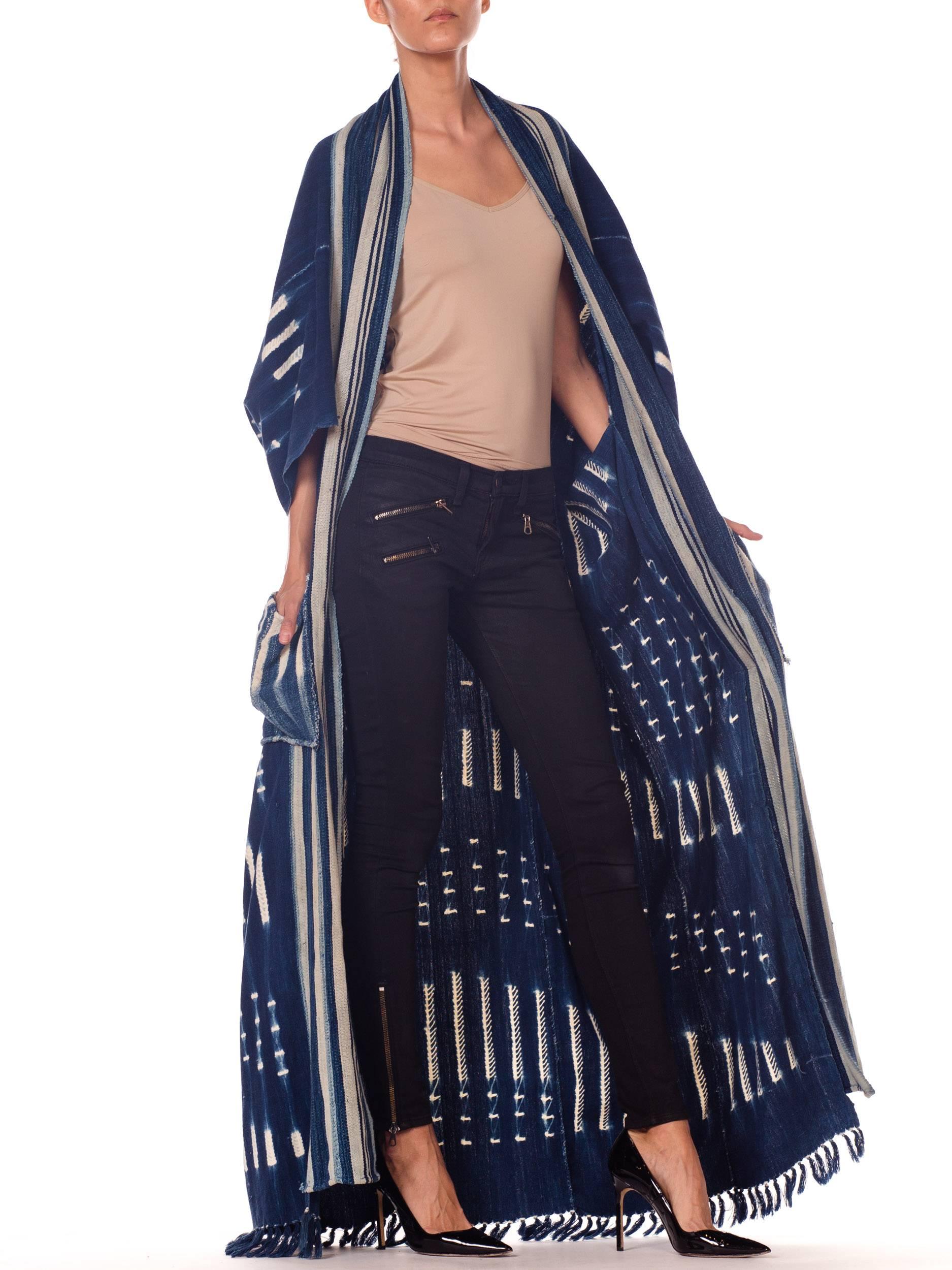 Morphew Collection African Handwoven Tie-dye Indigo Robe with Striped Collar 4