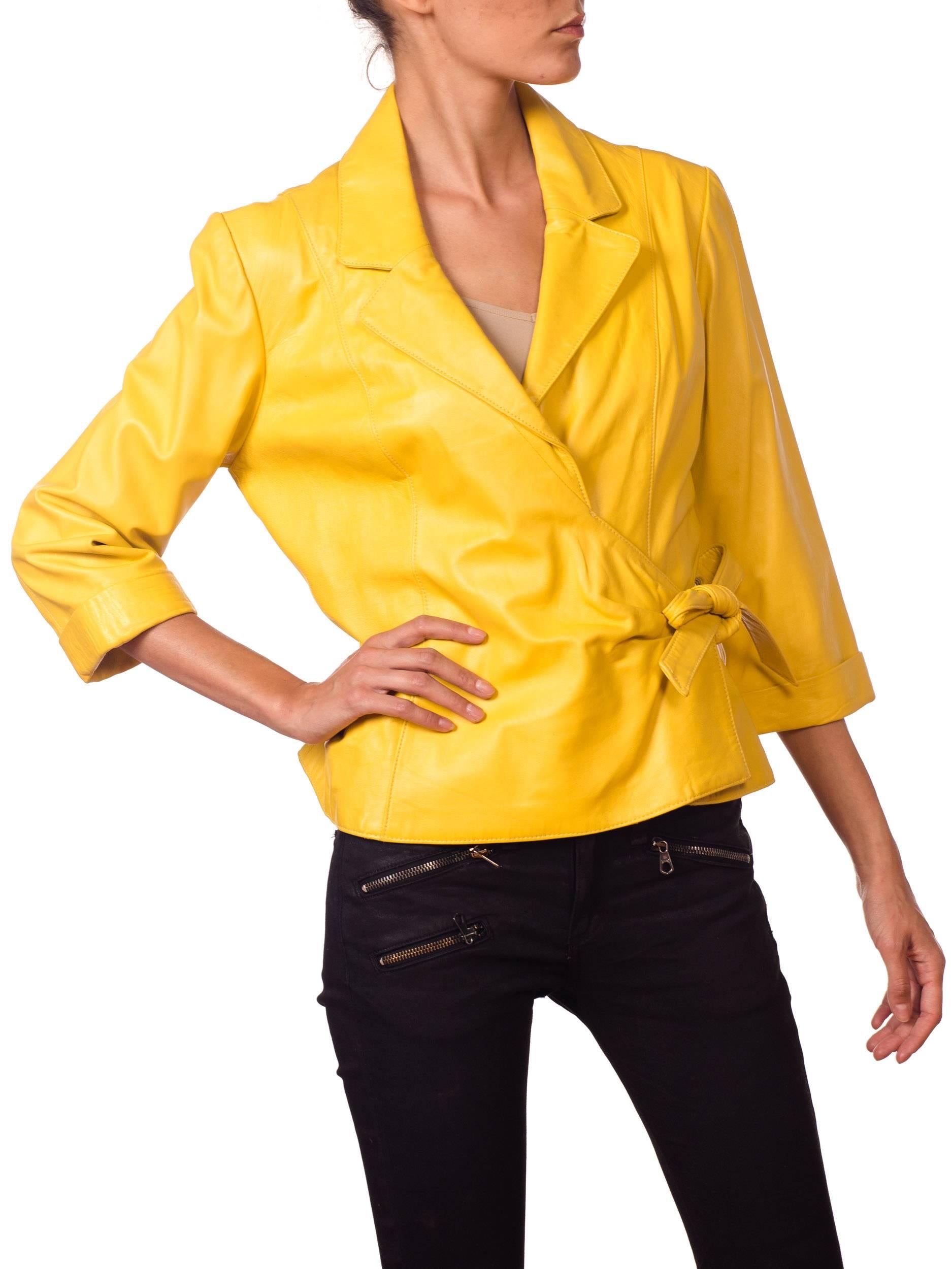 1980s Yellow Leather Wrap Front Shirt Jacket  4
