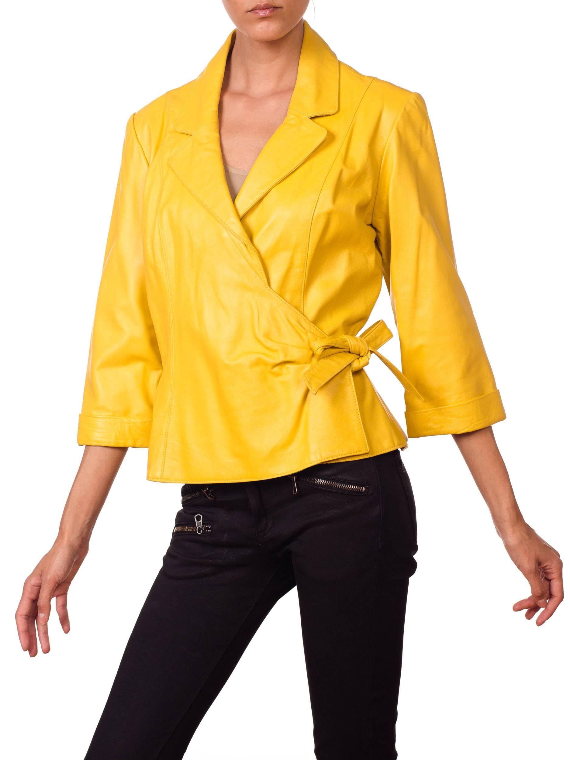1980s Yellow Leather Wrap Front Shirt Jacket  6