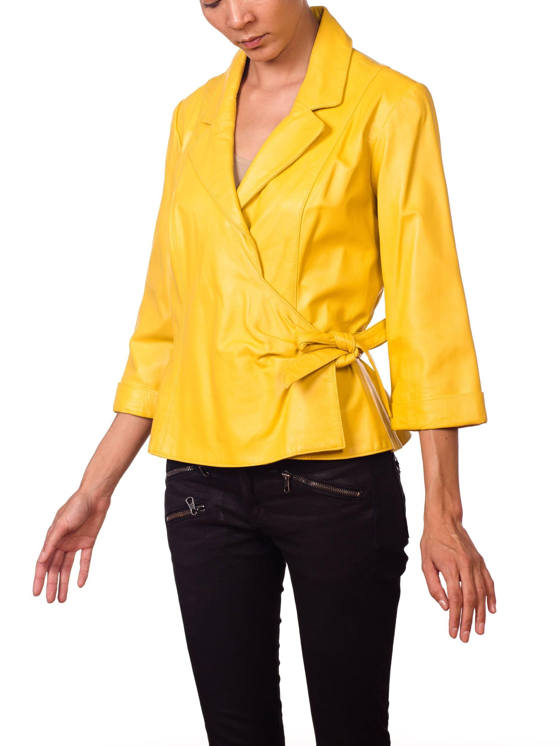 1980s Yellow Leather Wrap Front Shirt Jacket  9