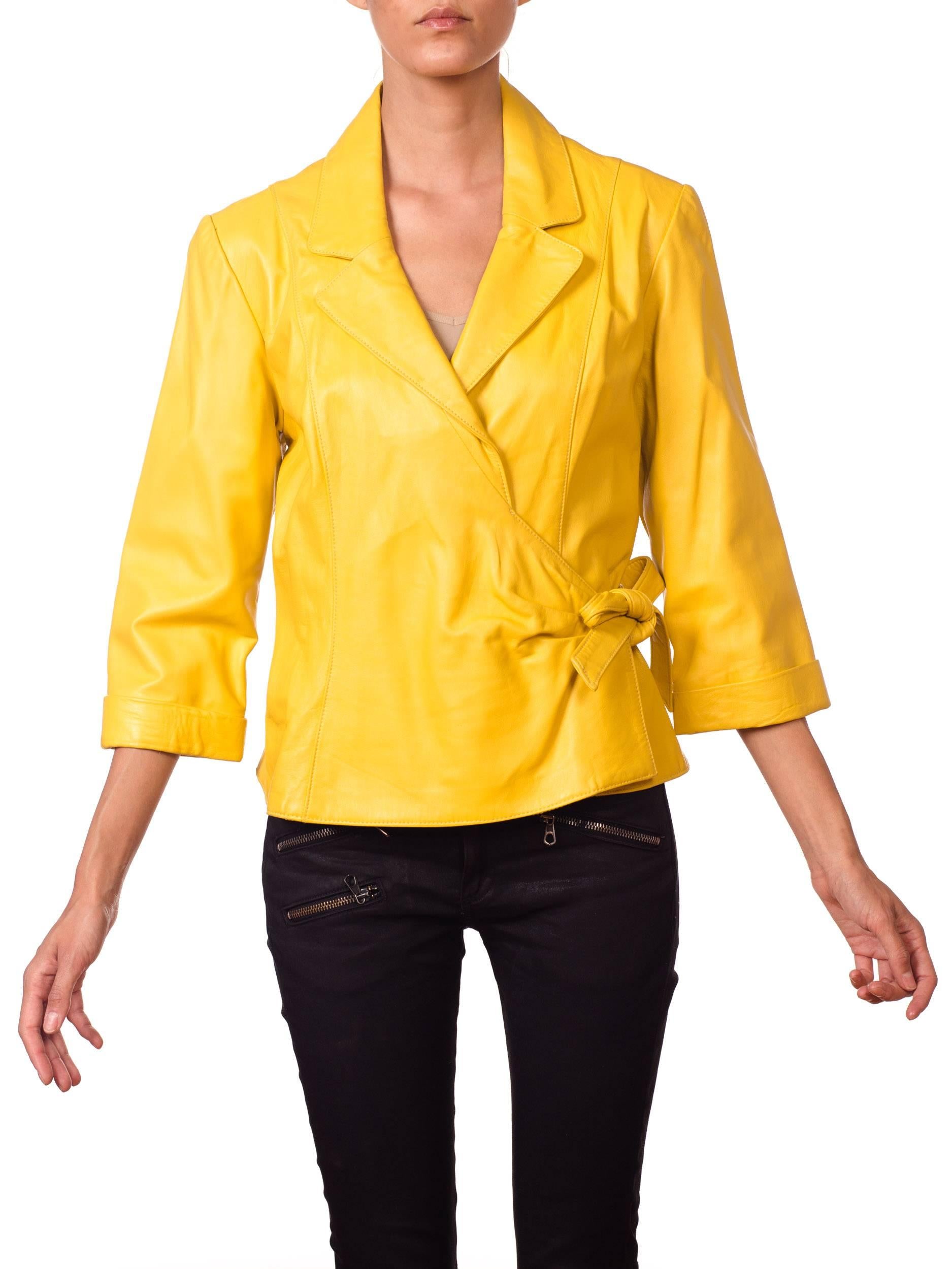 1980s Yellow Leather Wrap Front Shirt Jacket  8