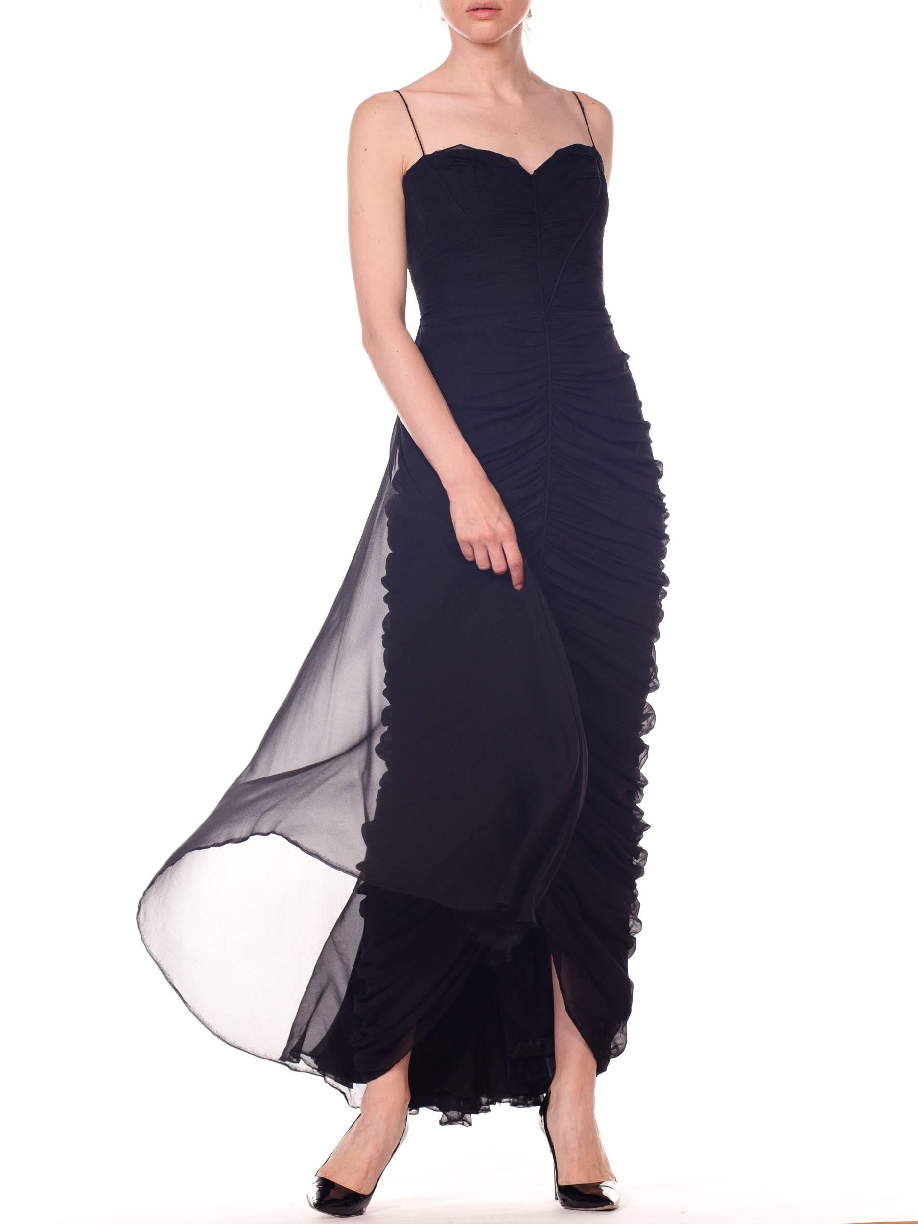 1950S BETTY LYNNE Black Silk Chiffon Demi-Couture Bombshell Evening Gown For Sale 8