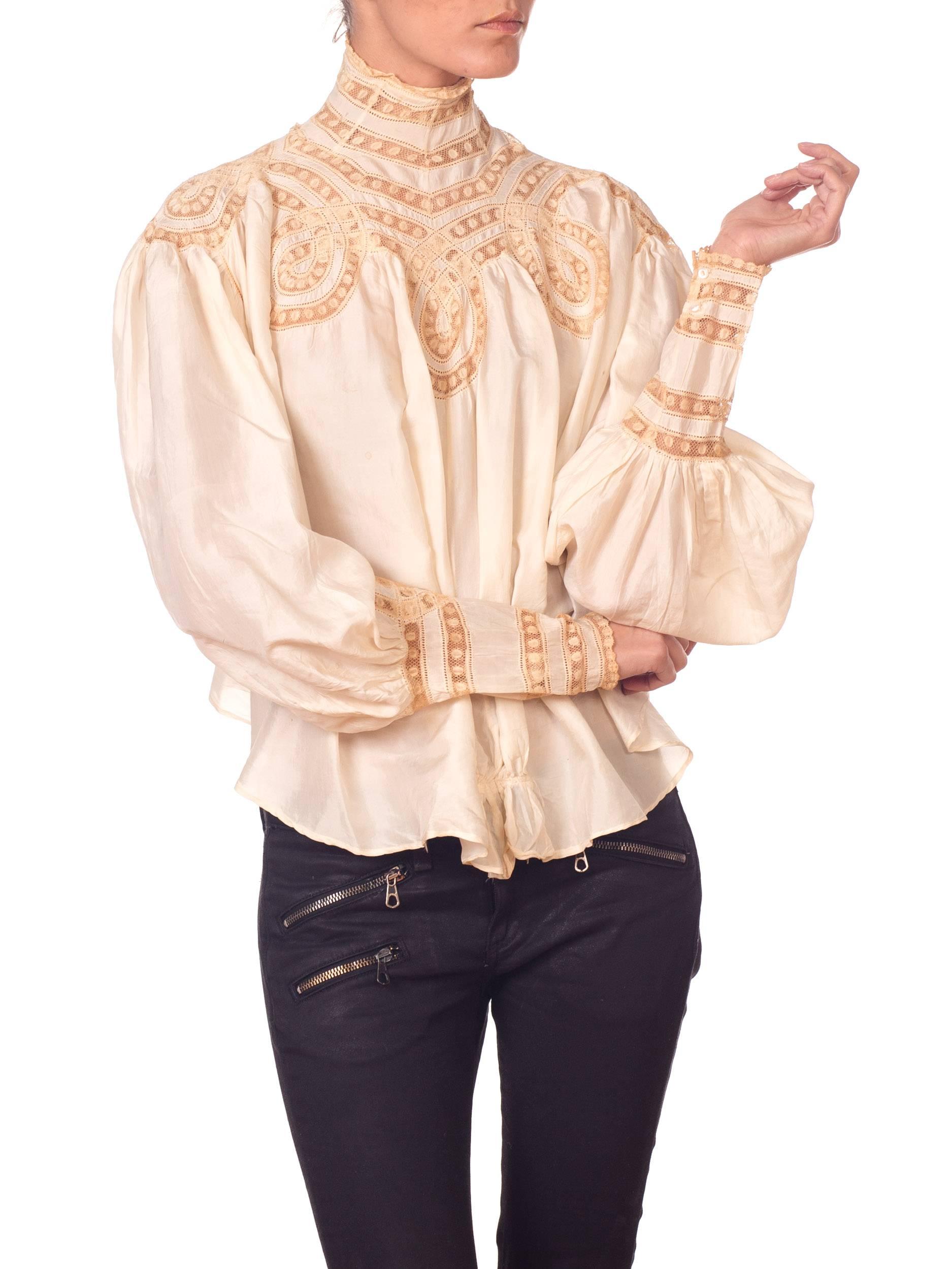 Victorian high neck Silk Top with Swirls Of Lace Inlay Details 2