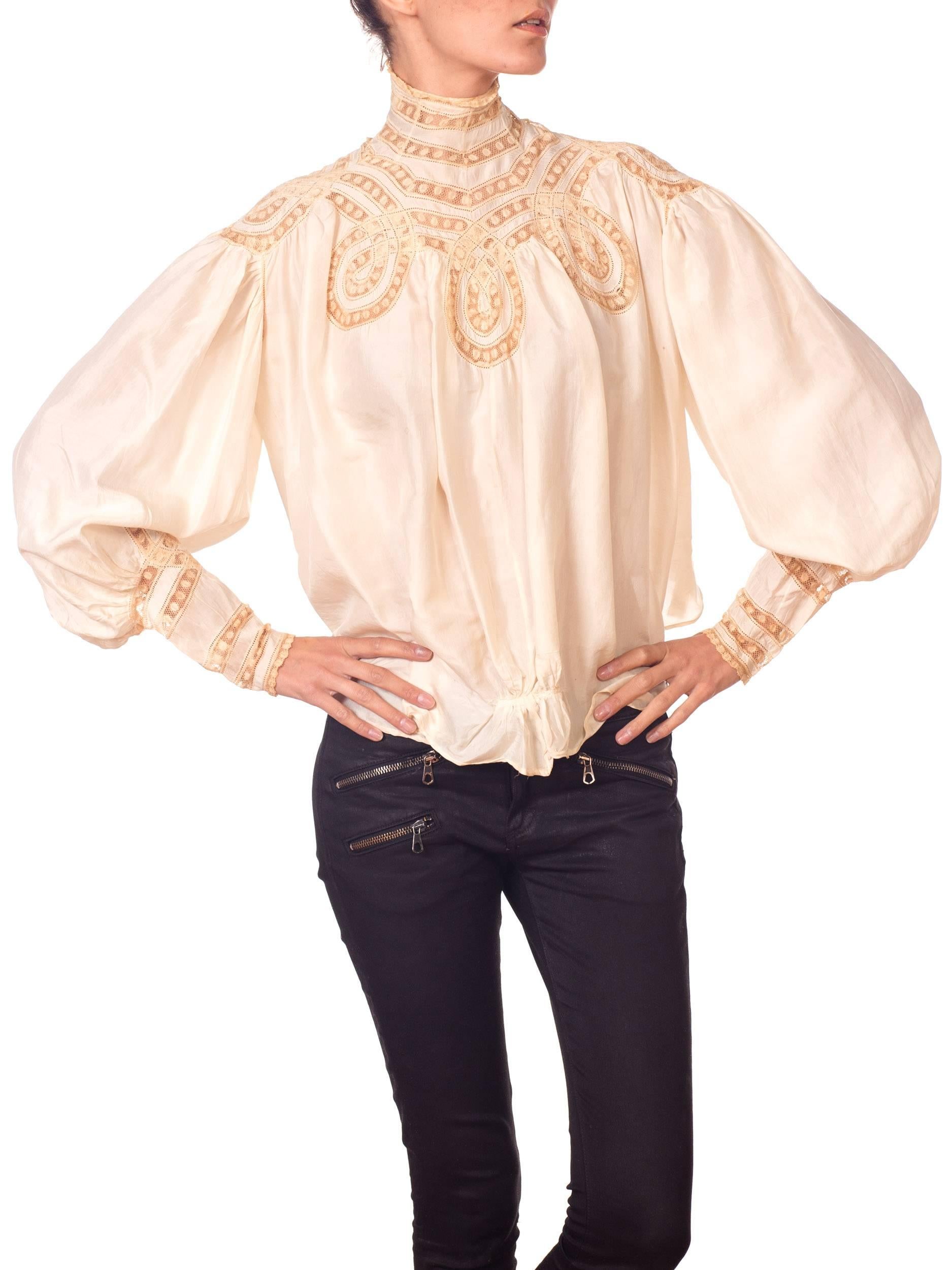 Victorian high neck Silk Top with Swirls Of Lace Inlay Details 3