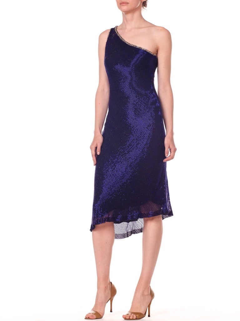 One Shoulder Bias Cut Cobalt Blue Beaded Cocktail Dress at 1stdibs