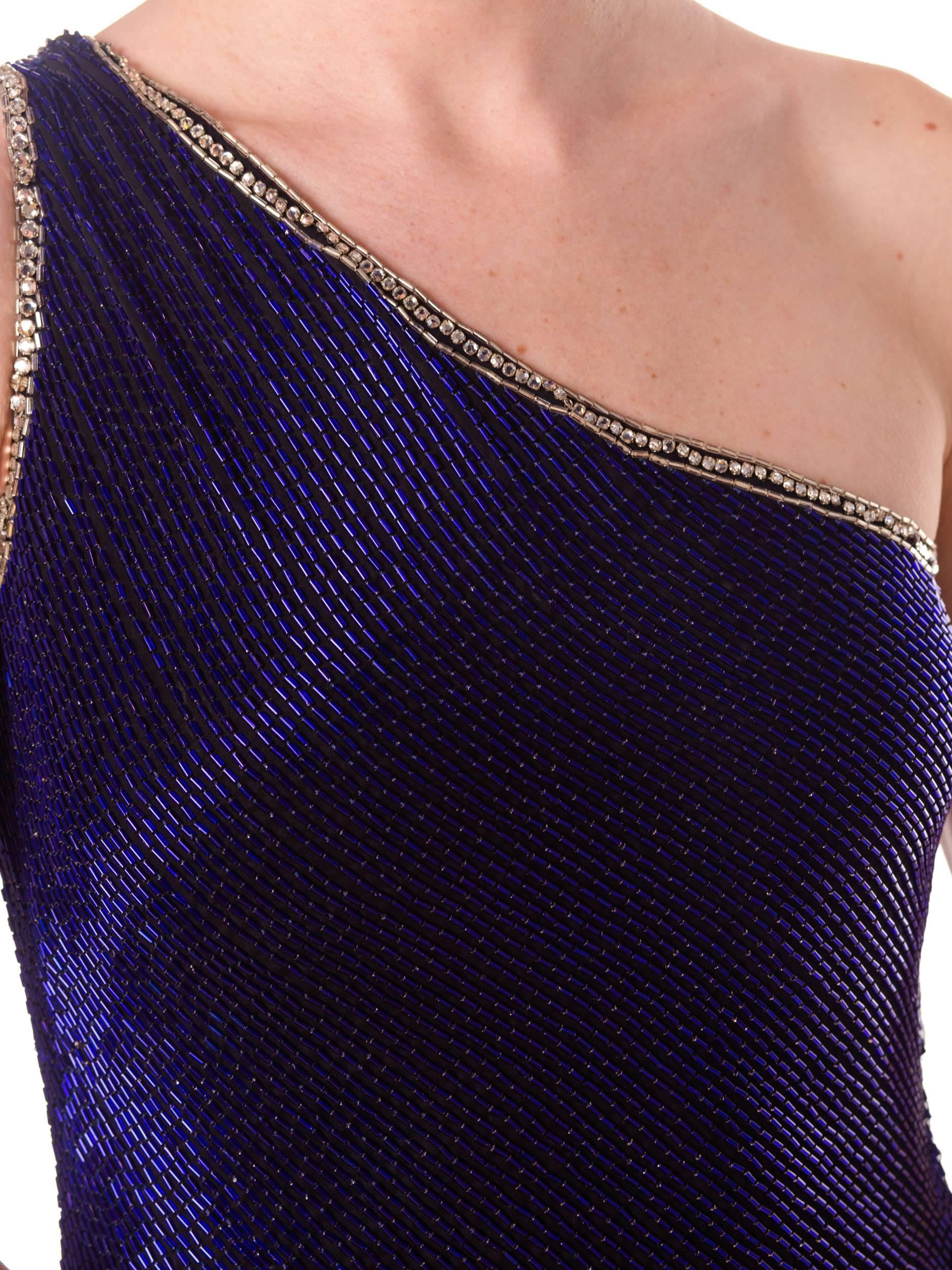 1970S Black Bias Cut Silk Chiffon One Shoulder Cobalt Blue Beaded Cocktail Dress For Sale 6