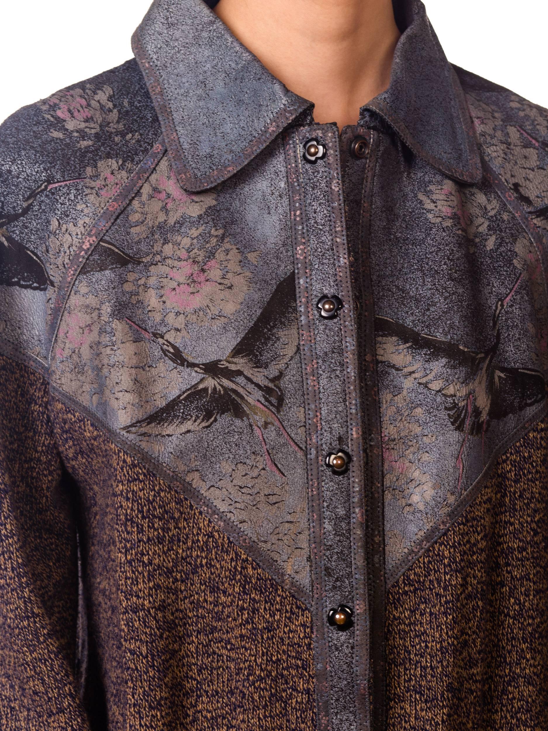 Roberto Cavalli Knit Sweater Jacket with Bird Printed Suede Panels 9