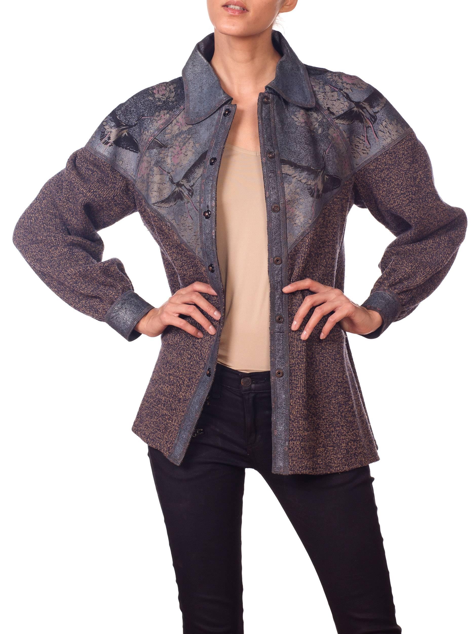 Roberto Cavalli Knit Sweater Jacket with Bird Printed Suede Panels 8